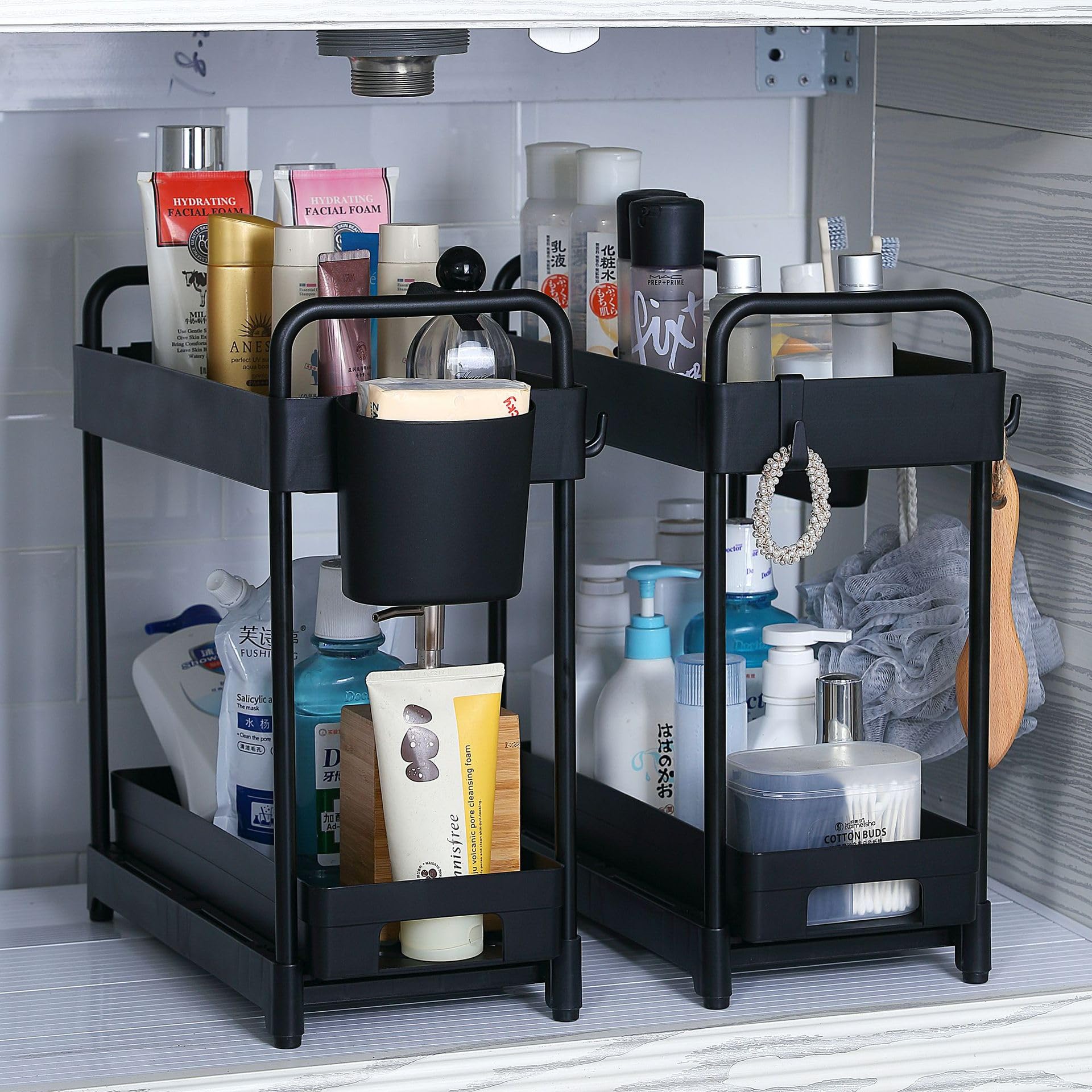 Botion 2-Tier Sliding Under Sink Organizer – Pull-Out Shelf With Hooks For Kitchen & Bathroom