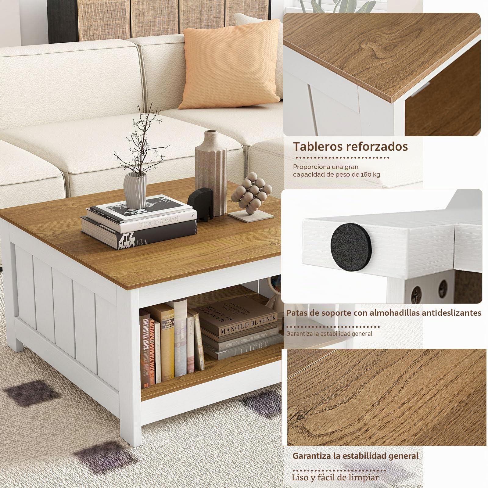 LIFEZEAL Mesa de centro de madera, mesa cuadrada de salón con 2 niveles, mesa de té con pies antideslizantes para hogar y oficina, rústica