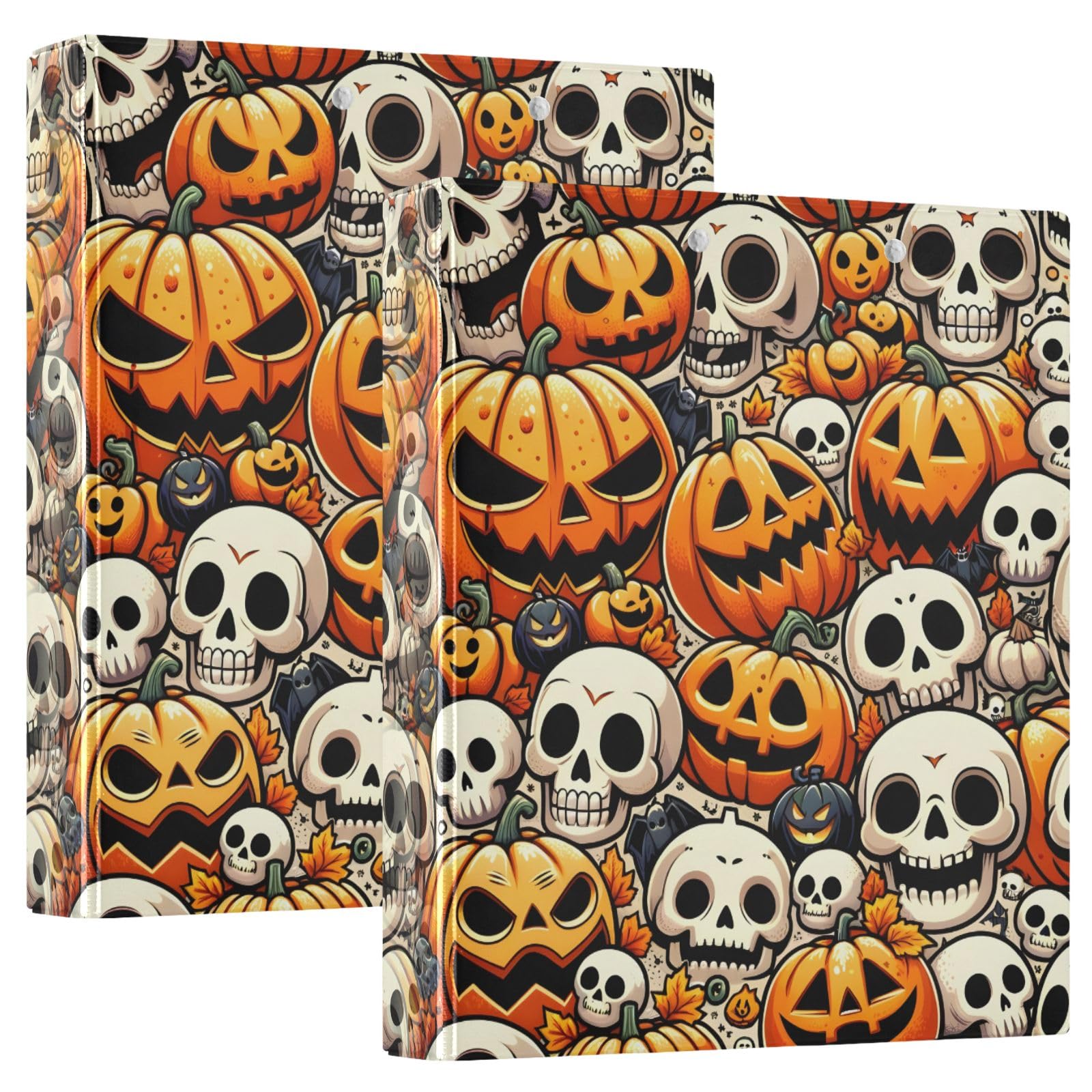 Raccoglitore a 3 anelli, motivo zucche di Halloween, senza cuciture, con teschi rotondi da 3,8 cm, contiene 200 fogli, raccoglitore a 3 anelli con clip in metallo antiscivolo