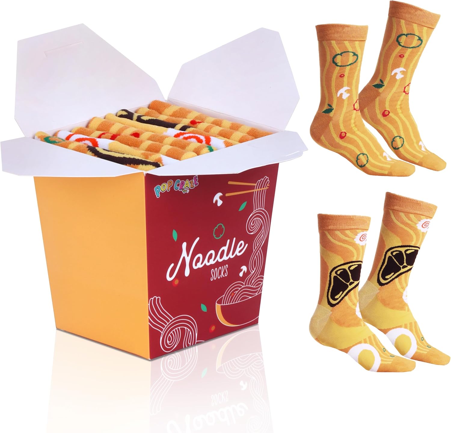 Noodles Socks in a Box – 2 Pairs, One Size Fits Most, Novelty Food Socks, Fun Gift for Birthday, Ramen Socks Valentine Gift Idea, Funky, Crazy Socks for Men and Women