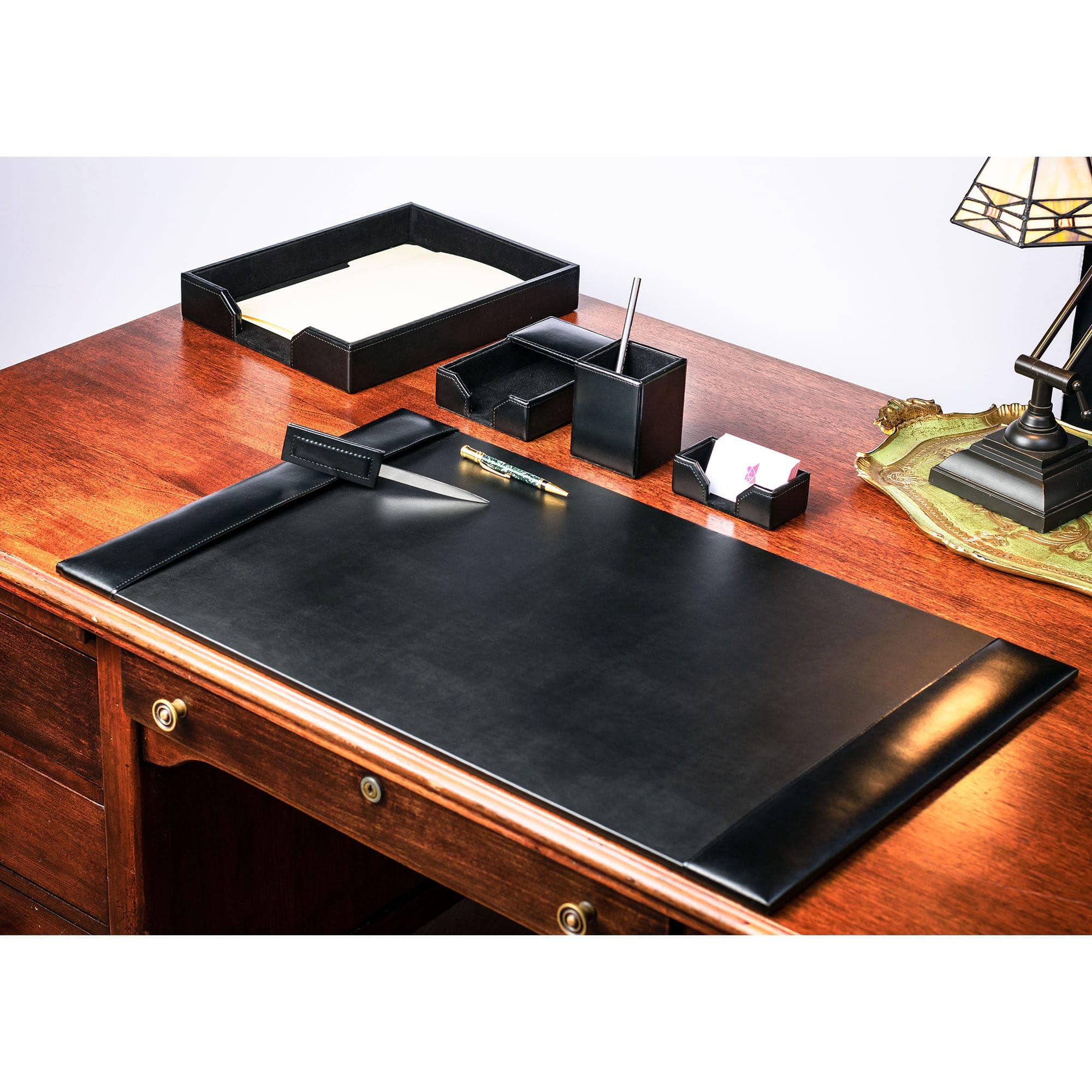 Dacasso Set di 6 accessori da scrivania in pelle rigenerata nera – Sottomano da scrivania & Organization Essentials