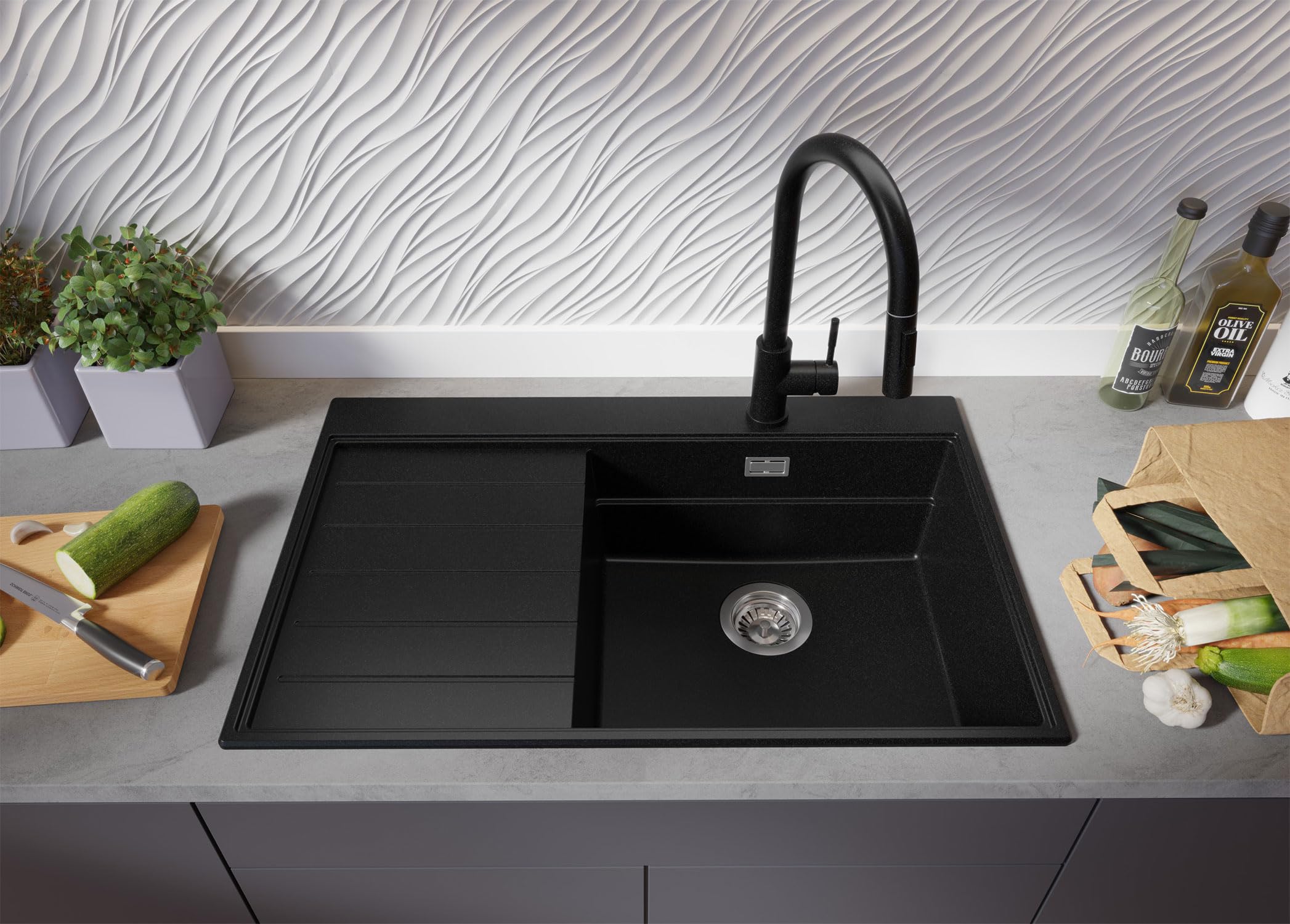 PRIMAGRAN Lavandino da Cucina Nero 78x50cm, Lavello in Granito a 1 vasca + Rubinetto 40x20cm + Set di accessori, Lavabo da Cucina Incasso al Mobile 50cm - Sydney Ergo S303