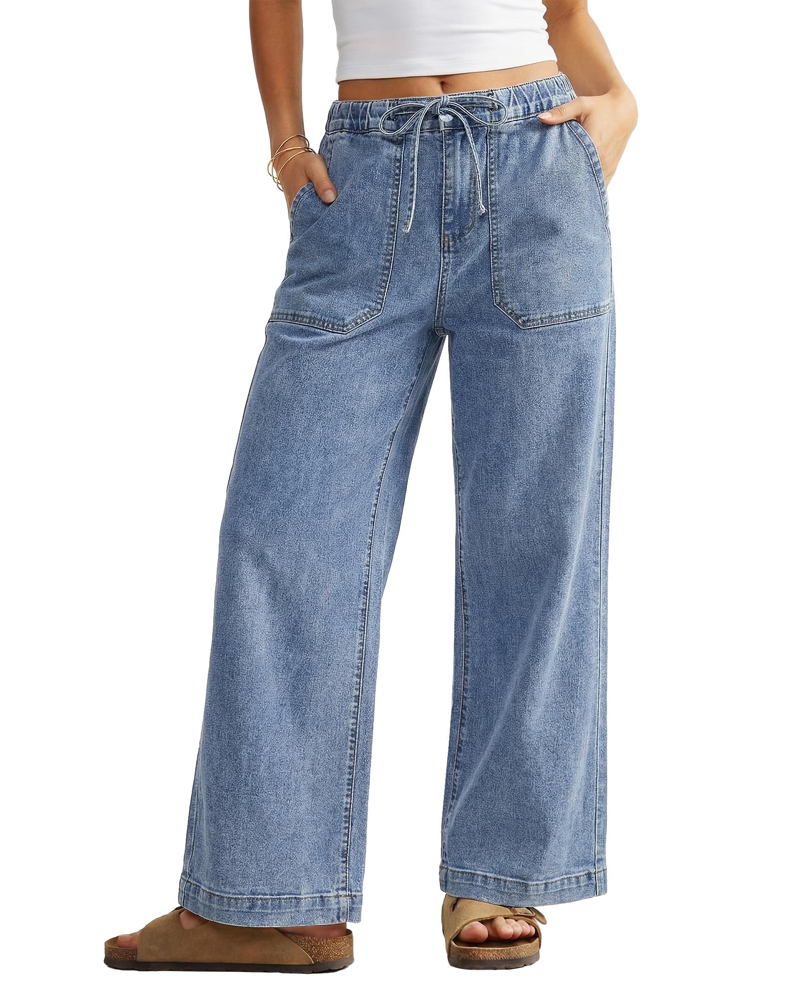 GRAPENT Drawstring Wide Leg Jeans