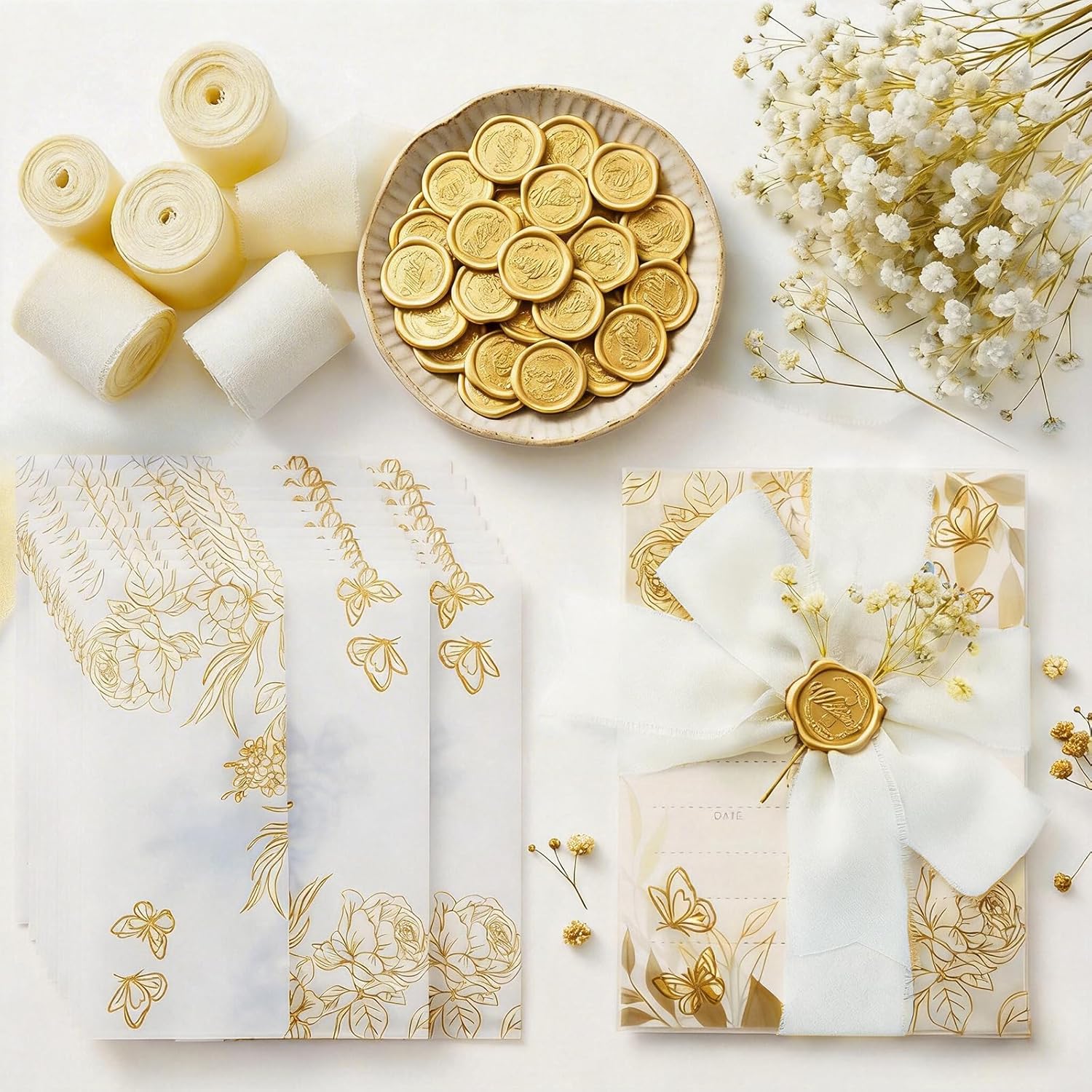 50 Set Wedding Invitations Wraps Set Pre Folded Vellum Jackets for 5 X 7 Invitations Wax Seal Stickers Dried Flowers Chiffon Silk Ribbon for Craft diy (GOLDEN)