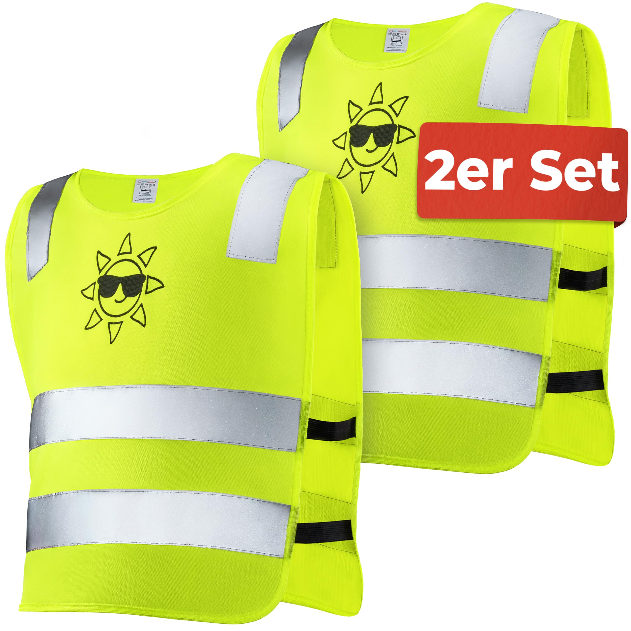 Prowiste 2er Kinder Warnweste Set Gelb - 𝗦𝘁𝗮𝗿𝗸 𝗦𝗶𝗰𝗵𝘁𝗯𝗮𝗿 - Universal Größe 2-12 Jahren - Geprüfte EN 1150:1999 Zertifizierung
