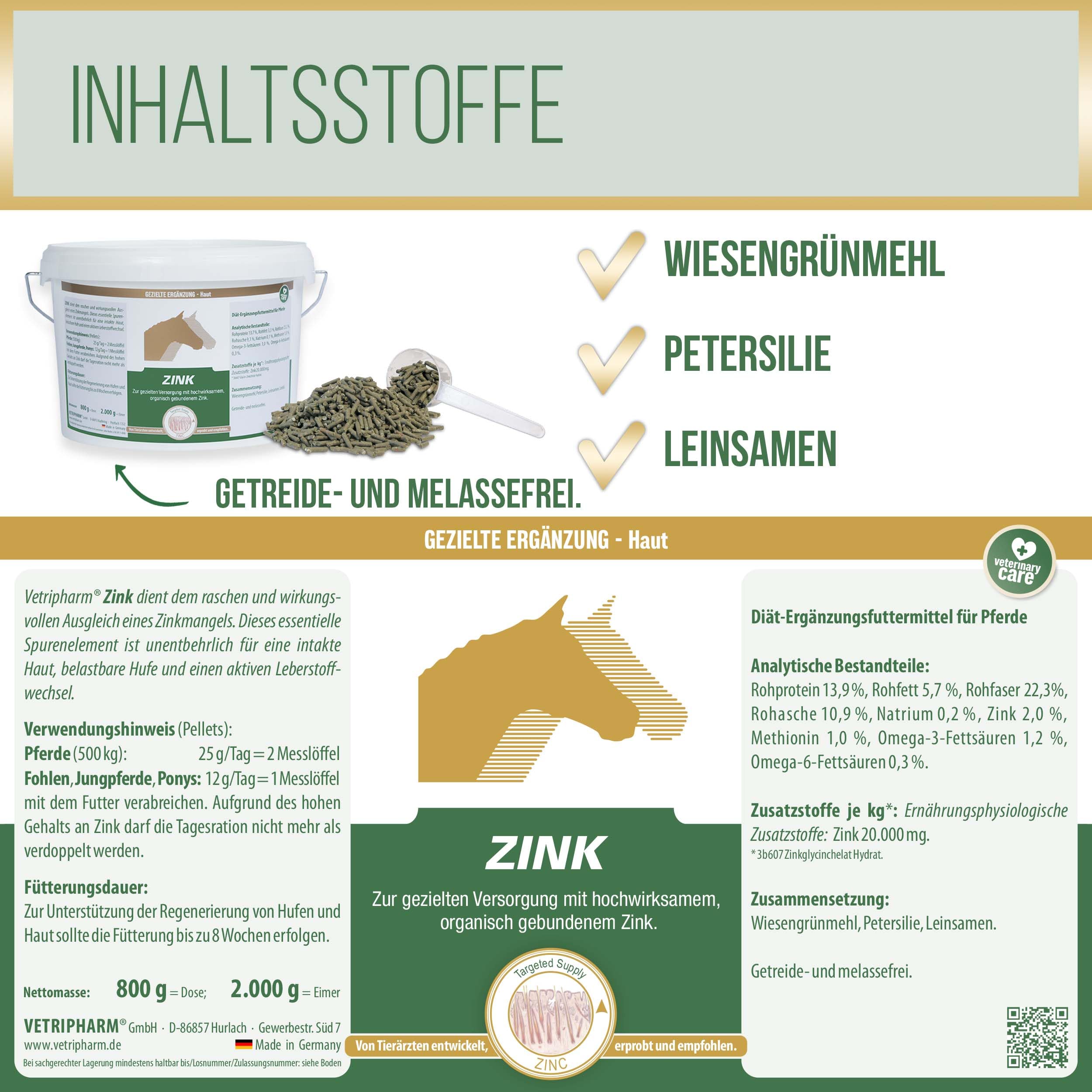 Vetripharm cynk | 800 g | dieta uzupełniająca karma dla koni | bez zbóż i melasy