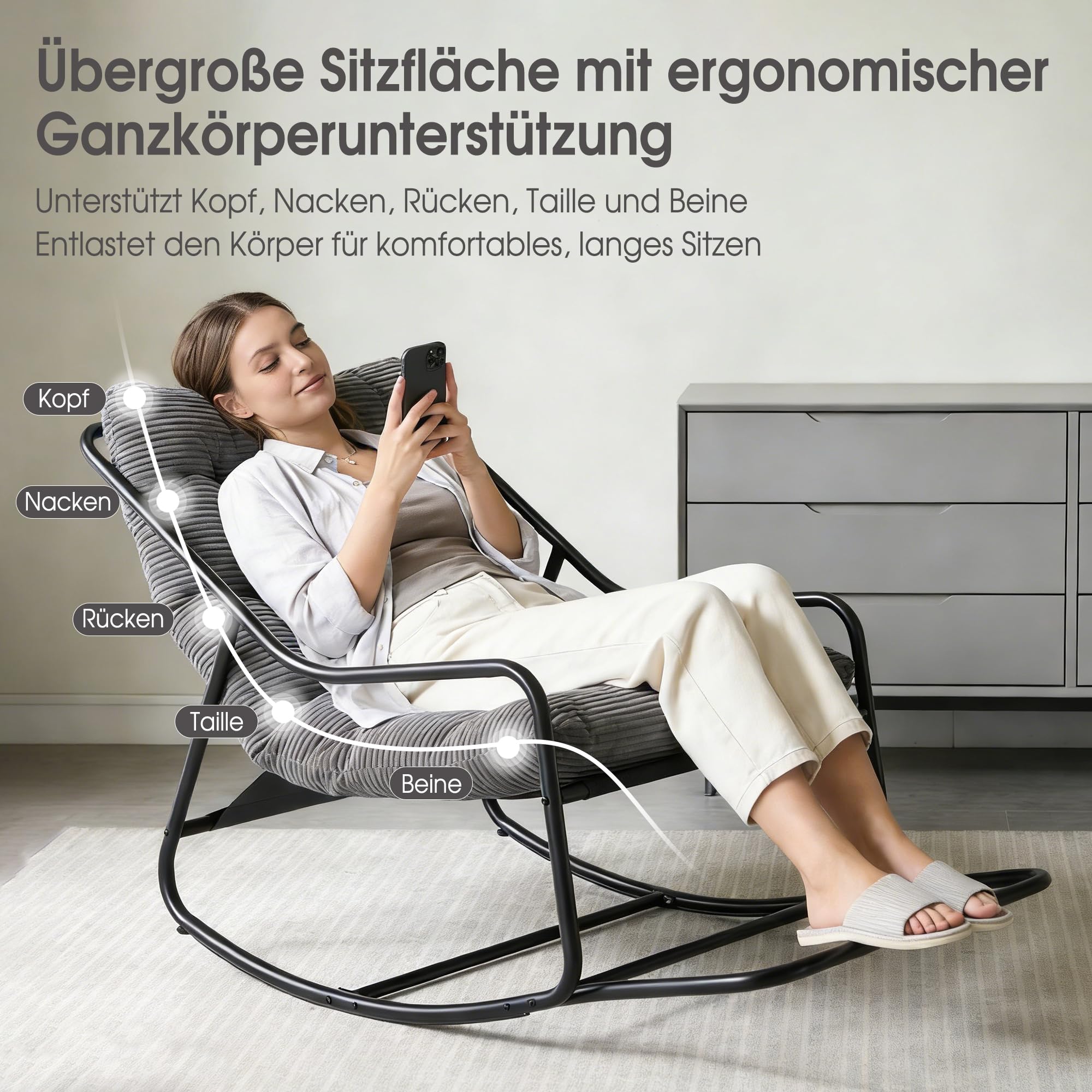Übergroßer Schaukelstuhl, Gemütlicher Papasan-Stuhl mit Dick Gepolstertem Rahmen, für Innen- und Außenbereich – Robuster Stahlrahmen, Max. 160 KG，Dark Grey