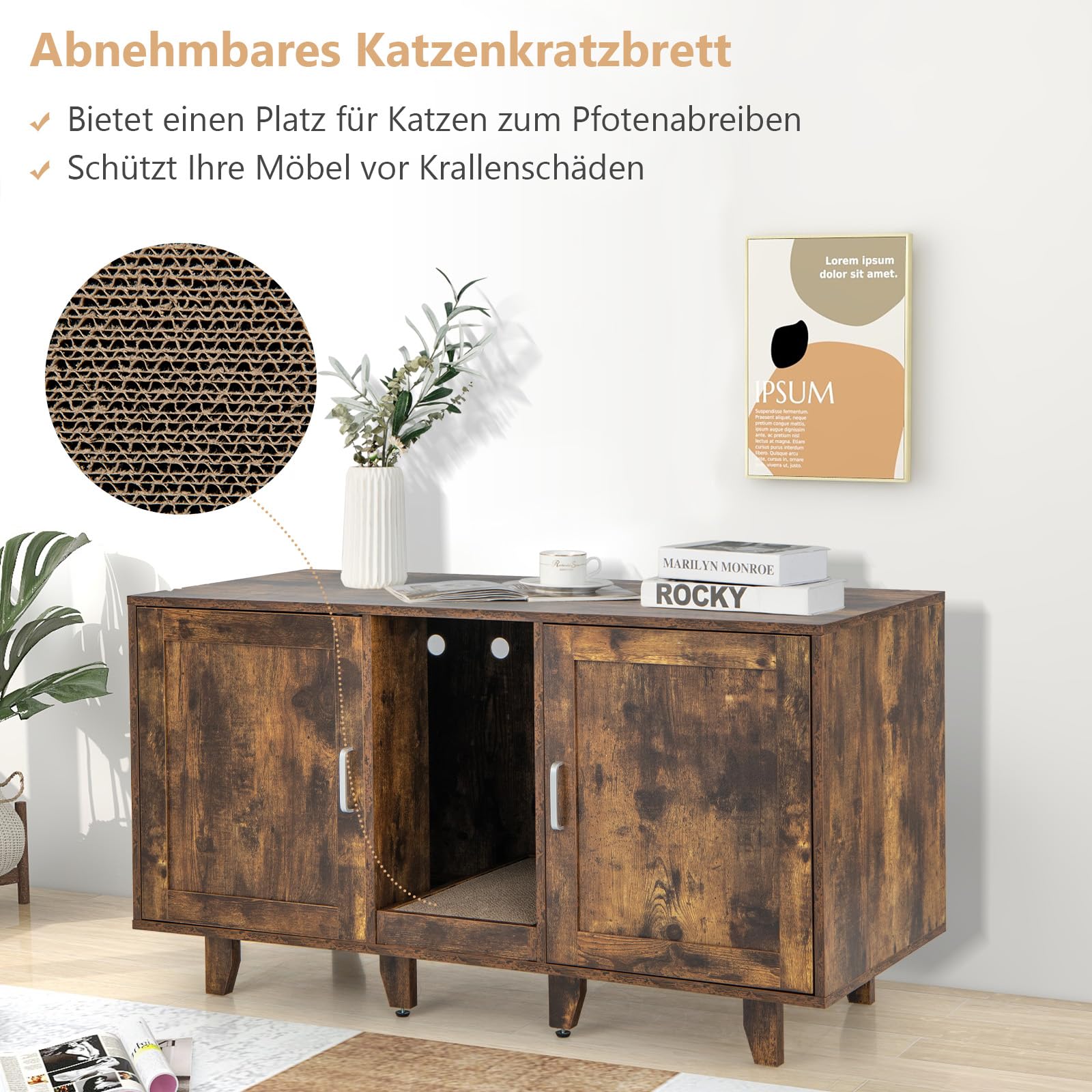 GOPLUS 3 in 1 Katzenschrank, Katzentoilette mit 2 Türen & abnehmbaren Beinen & herausnehmbarem Kratzbrett, Katzenhöhle Beistelltisch TV-Ständer für 2 Katzen, 120x52x65cm (Vintage)