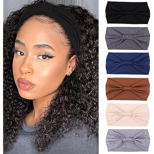 XTREND 6 Packs Wide Headband Fashion Knotted Women Elastic Solid Color Headbands Workout Yoga Running Thin Turbans Hair Accessories for Girls（Black, Gray, Dark Blue, Coffee, Skin Tone, Light Gray）