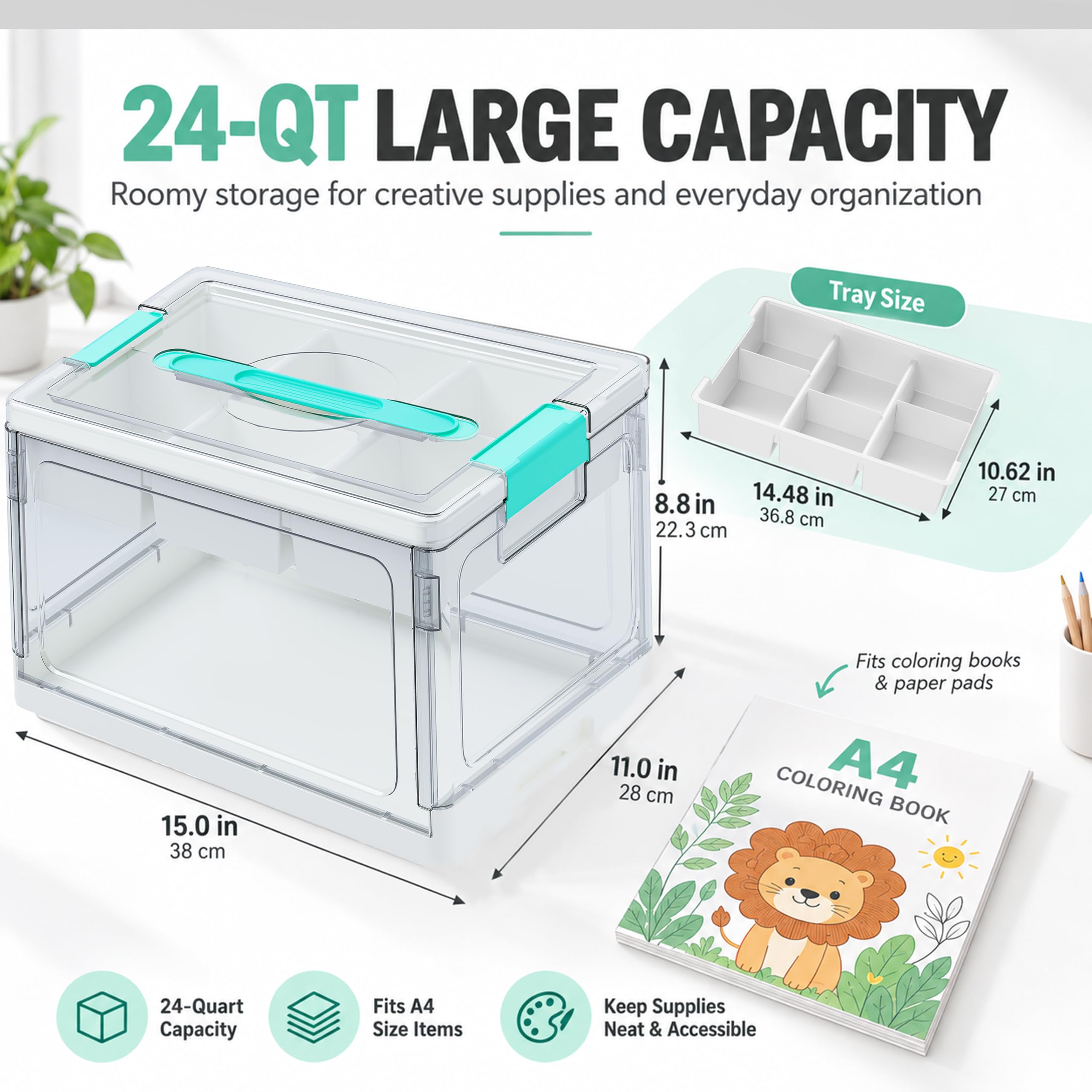 Organizador de suministros de arte, caja de almacenamiento transparente de