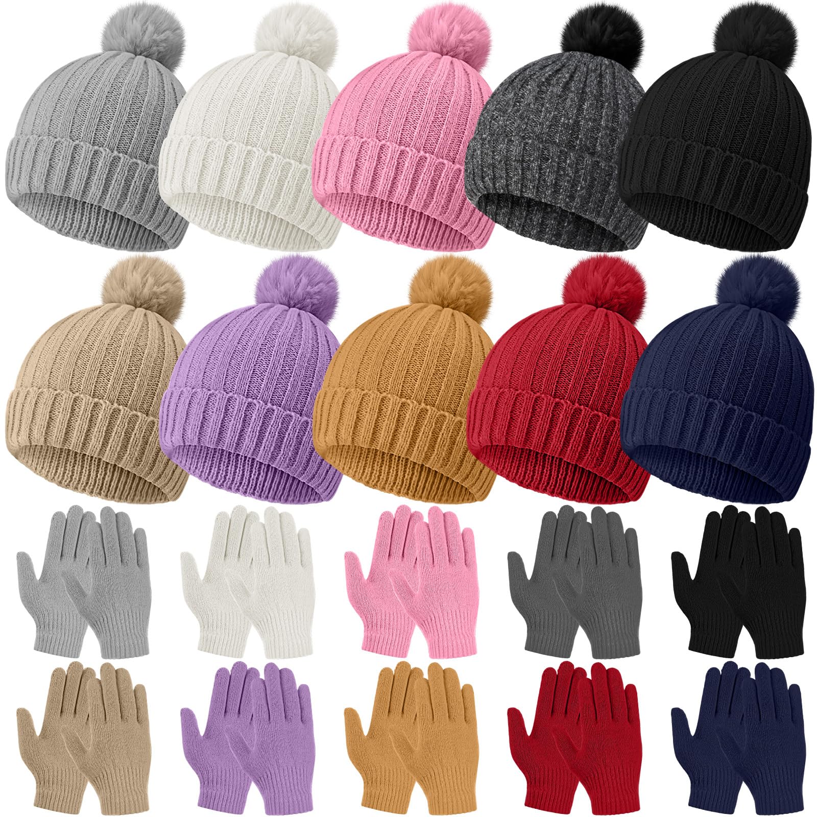 JaGely 20-teiliges Kinder-Mützen- und Handschuh-Set, warme Wintermütze und Handschuhe, Unisex, Strickmütze mit Pompon, volle Finger, gestrickte Skihandschuhe für Jungen und Mädchen, Geschenk, bunt,