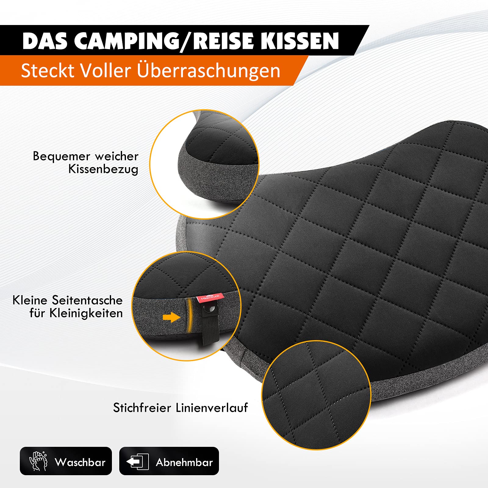 HIKENTURE Almohada Hinchable de Camping con Funda extraíble, Cojín de Viaje Inflable Ligero, Negro