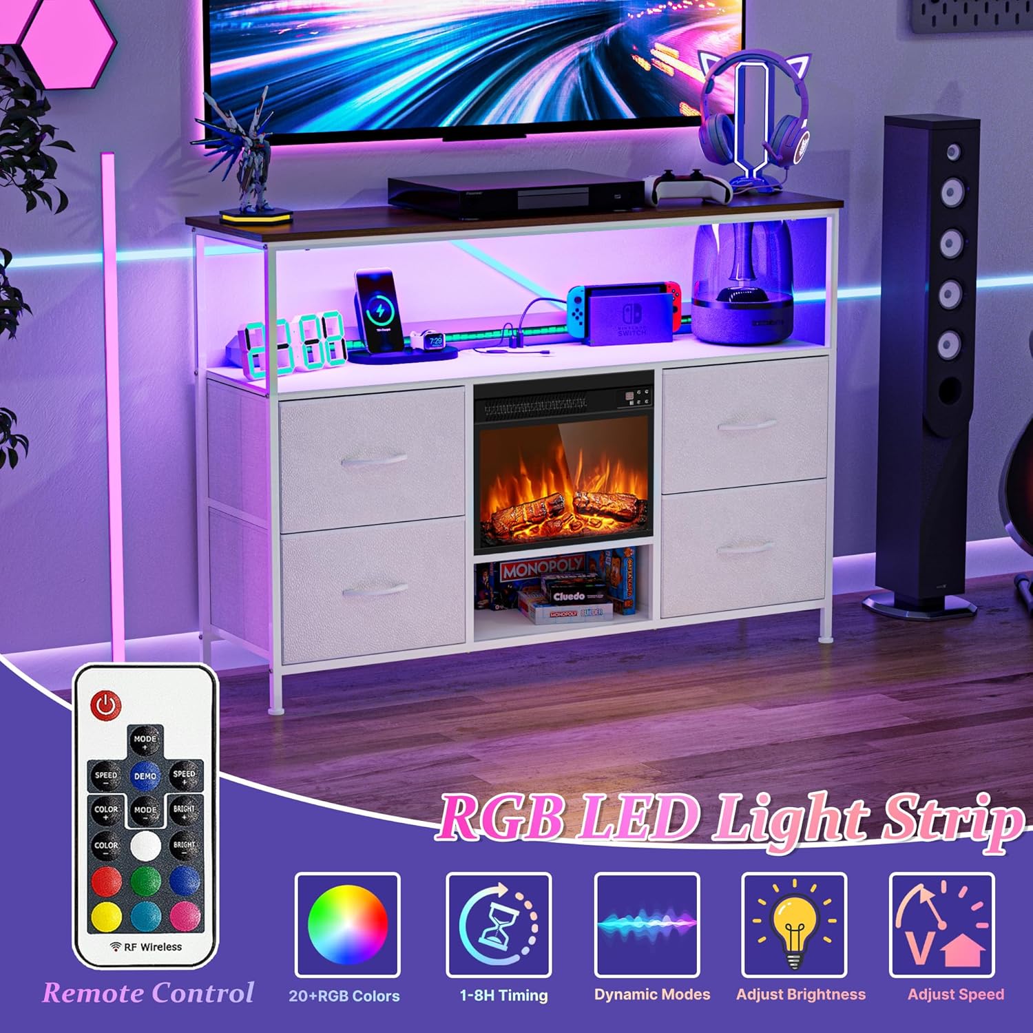 BREEZEHEAT Fireplace TV Stand with 4 Fabric Drawers,LED Entertainment Center with Power Outlets & Open Shelf for 55" TV, Small TV Consle Table with PU Leather Surface Drawers for Living Room, White