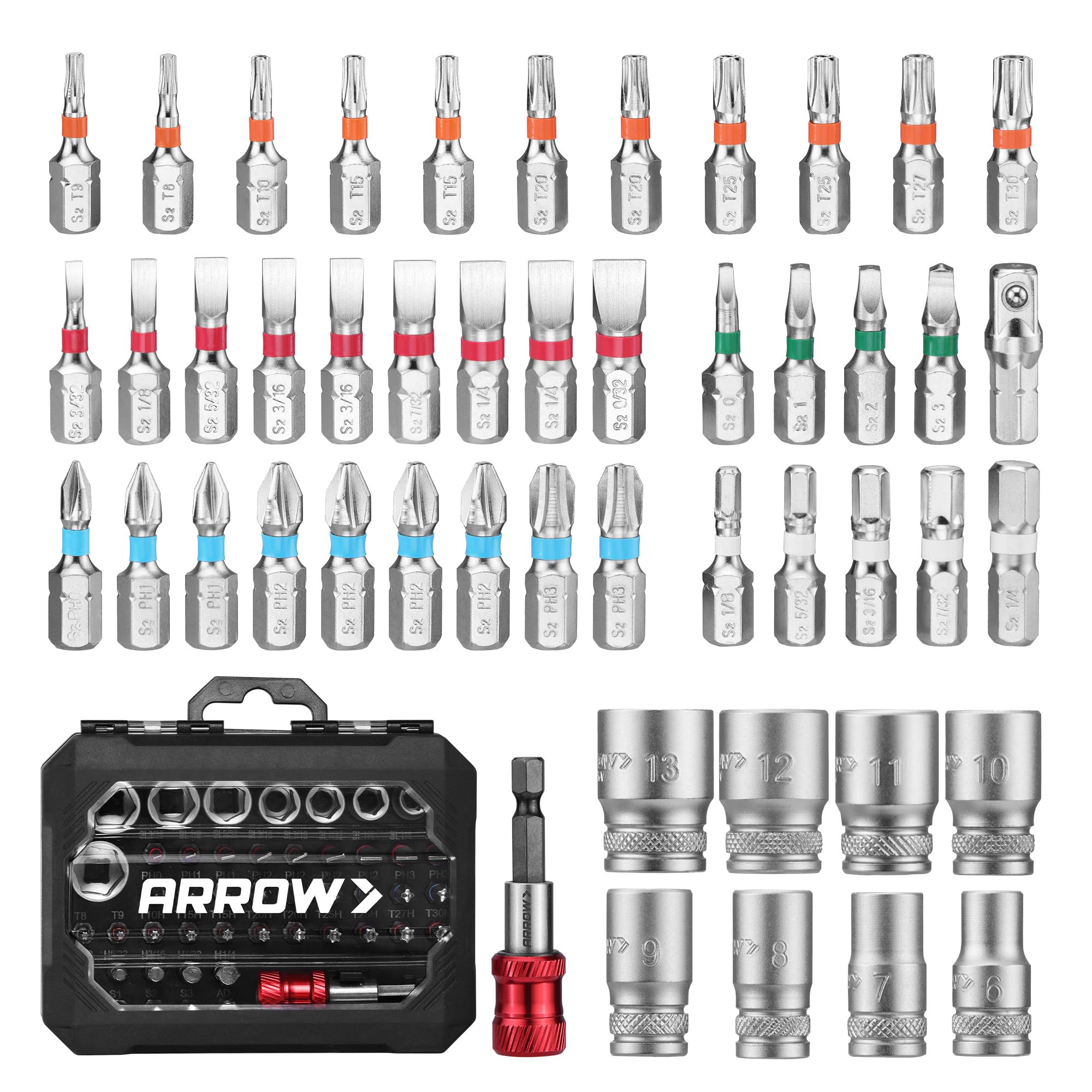 ARROW 48-Piece 1/4" Screwdriver Bit & Socket Set, Color-Coded S2 Steel Drill Bits with Magnetic Bit Holder, 6–13mm CR-V Sockets, Compatible with Power