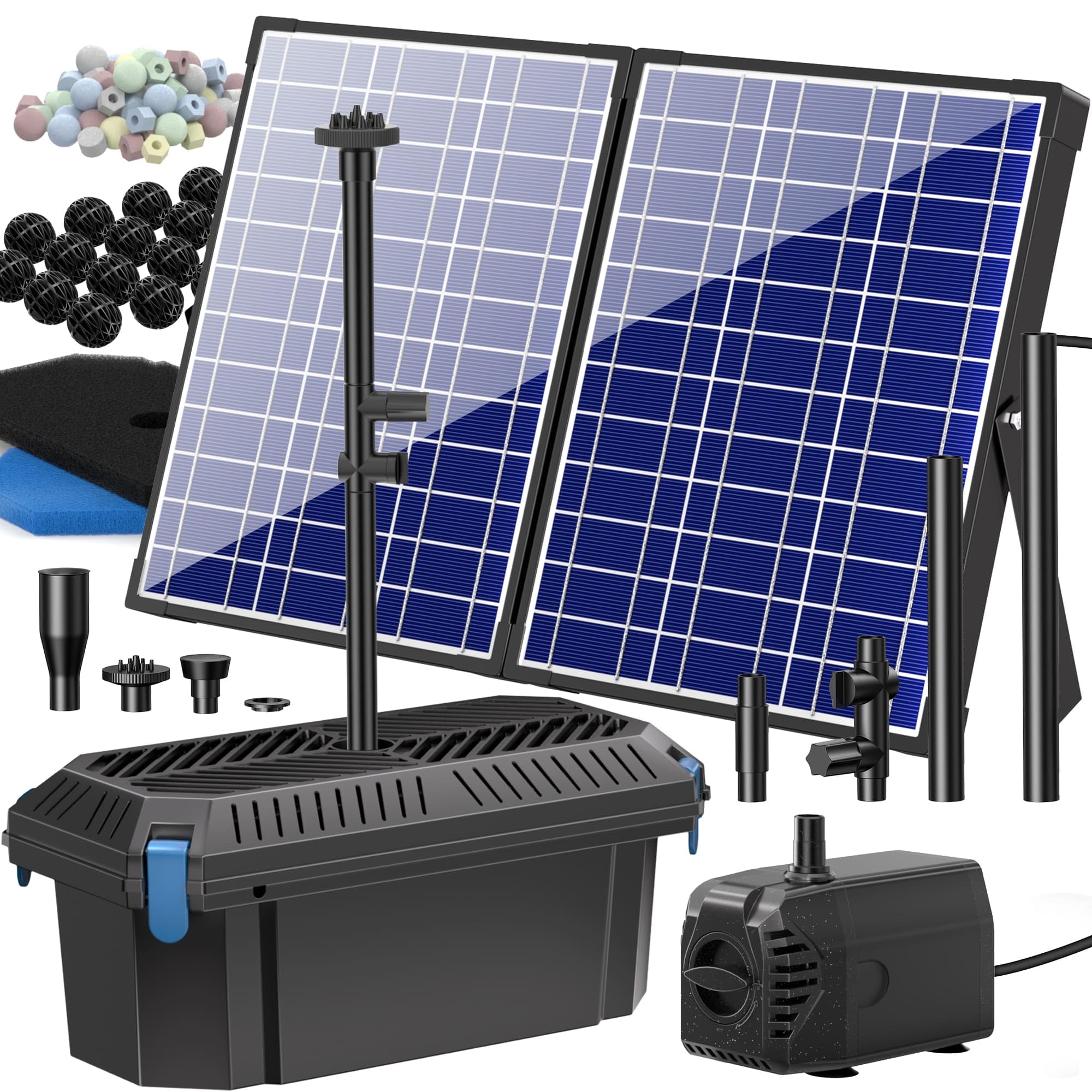 Biling 30W Solar Pond Filtration System, 1200 l/h Solar Pond Filter Kit with Pump for Garden, Biological Filter with 4 Nozzles and Adjustable Water Valve for Fish Tank Water Feature