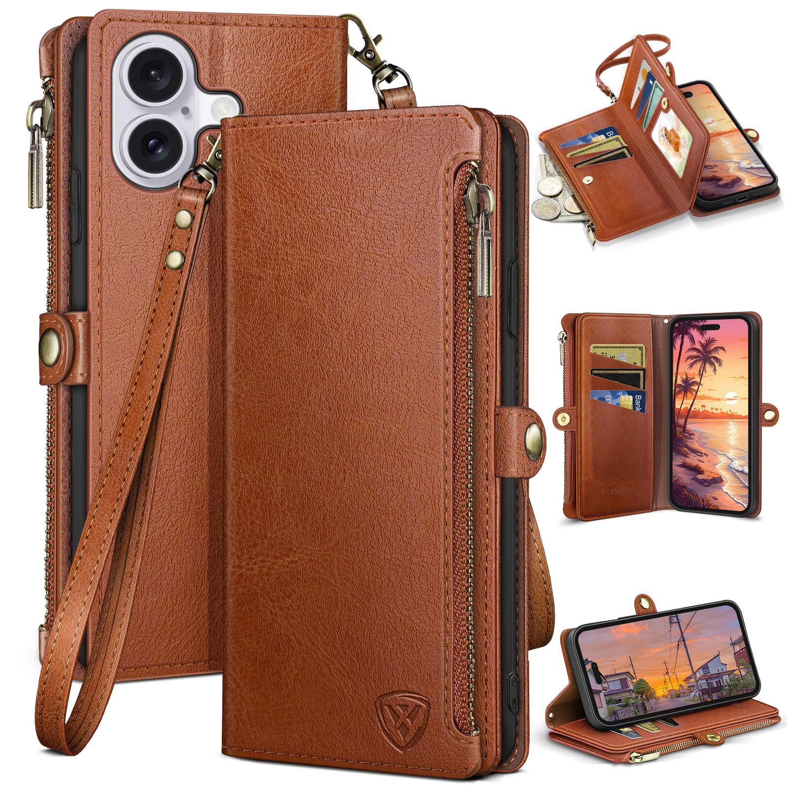 XcaseBar compatible with iPhone 16 Plus 6.7"Wallet case with Zipper Credit Card Holder【RFID Blocking】,Flip Folio Book PU Leather Phone case Shockproof