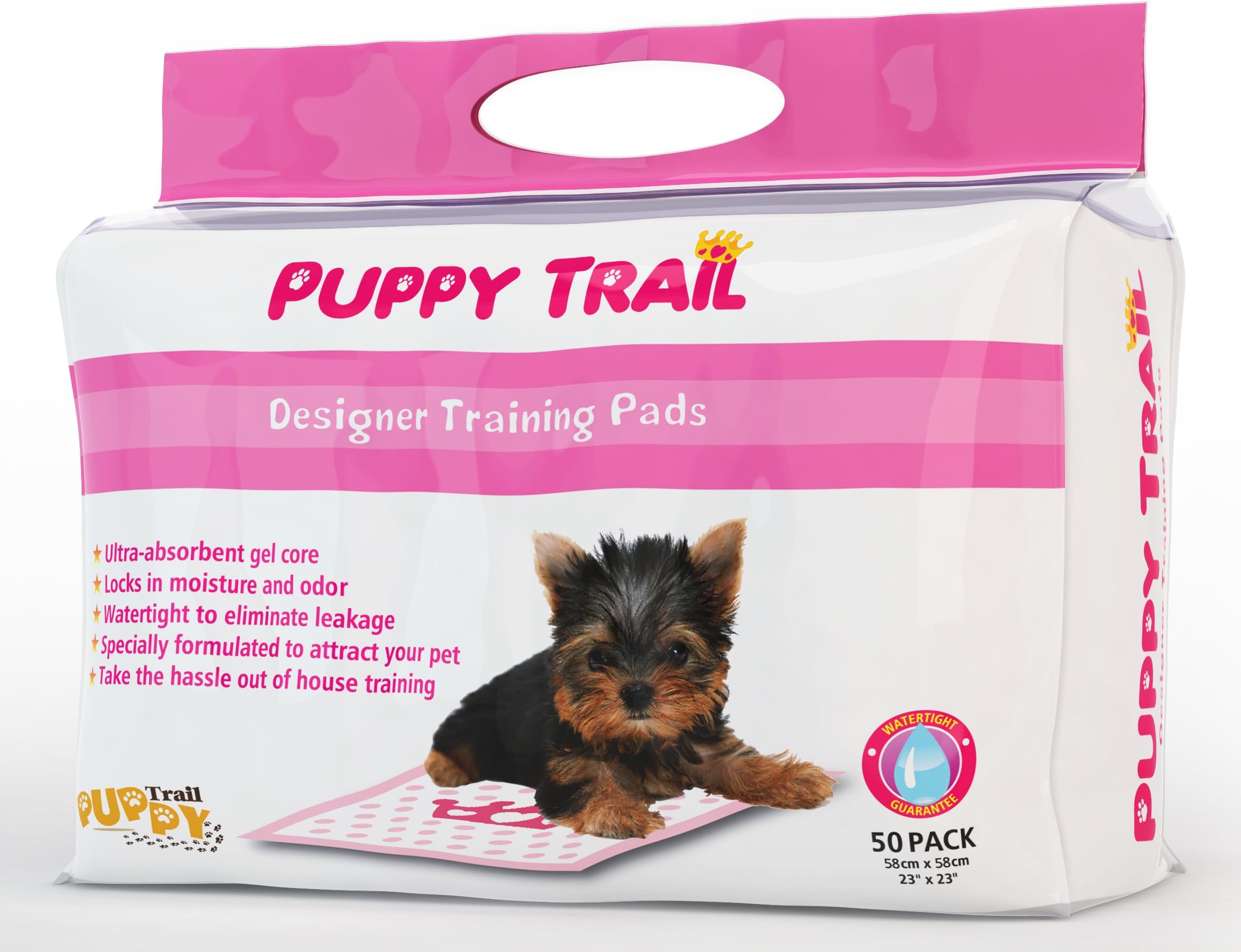 Puppy Trail Absorbent Core Designer Puppy Training Pads for Puppies and Dogs - Hearts and Crowns Design, Pink (50 Pack)