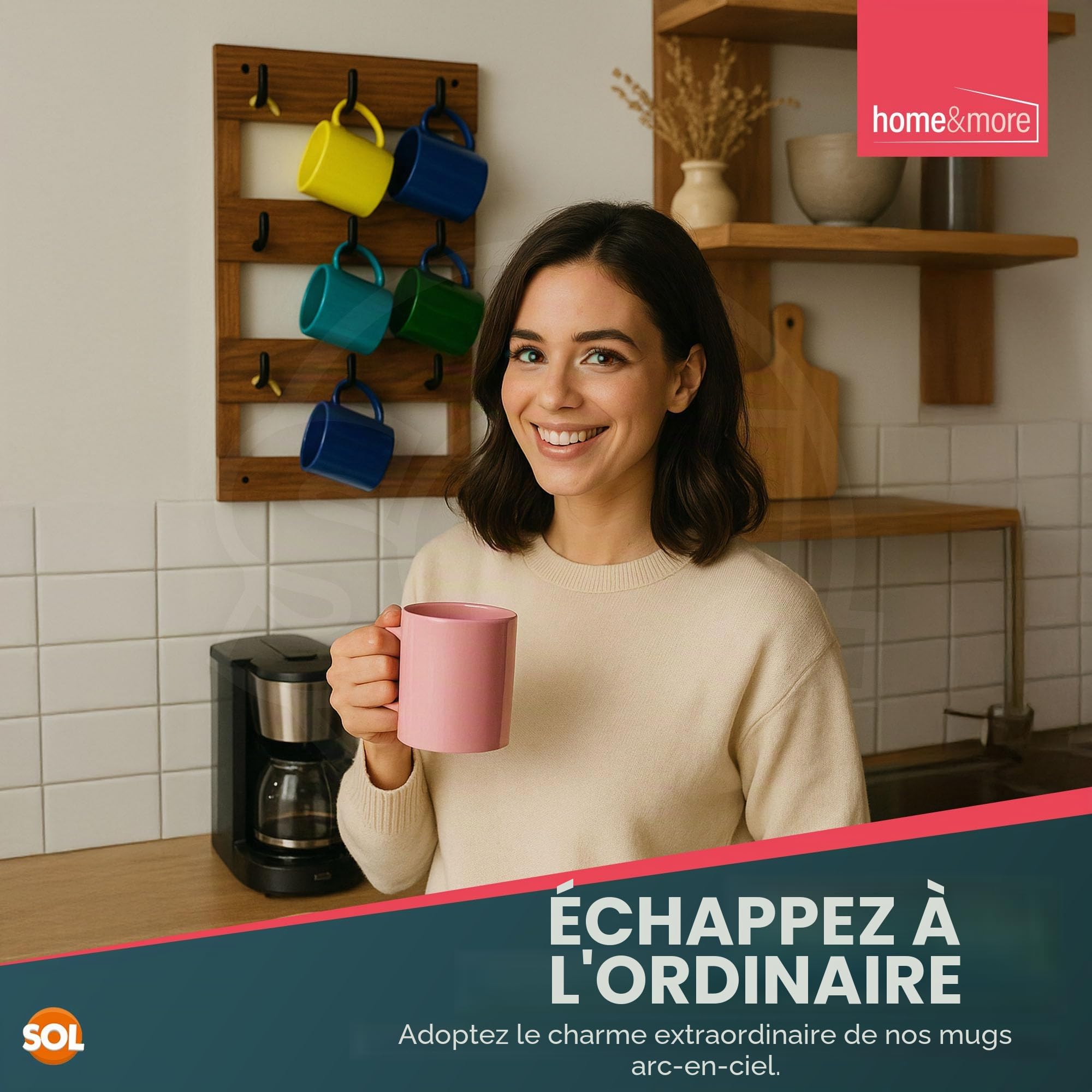 SOL Lot de 12 tasses colorées en céramique de 330 ml pour thé, café, chocolat chaud, vaisselle de cuisine durable adaptée pour la maison, le bureau, les cafés et comme cadeau