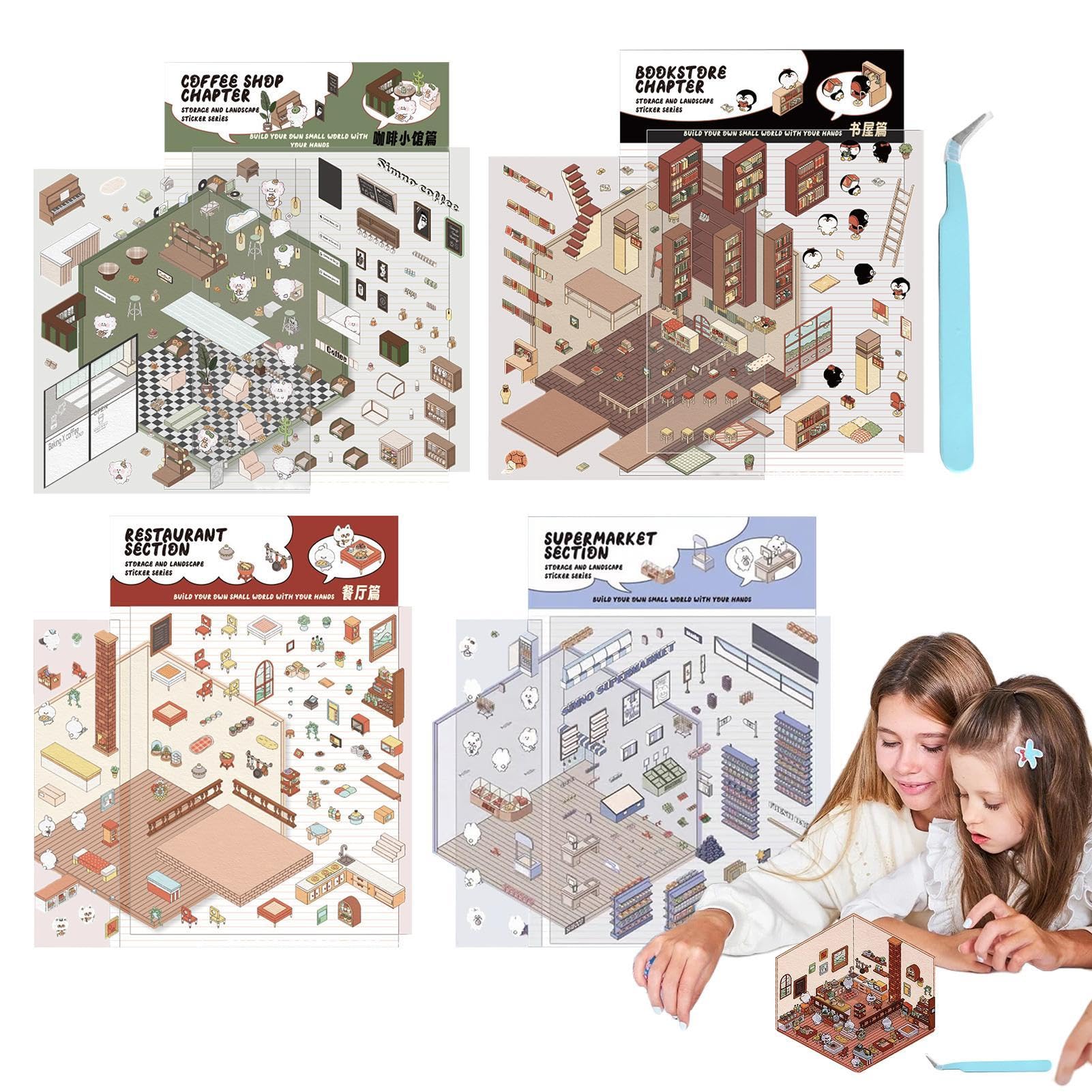 4 Sets DI-Y House Stickers - Make Your Own Supermarket, Coffee Shop, Restaurant, Bookstore Scene Sticker for Adult Kid Relief Stress Pass the Time