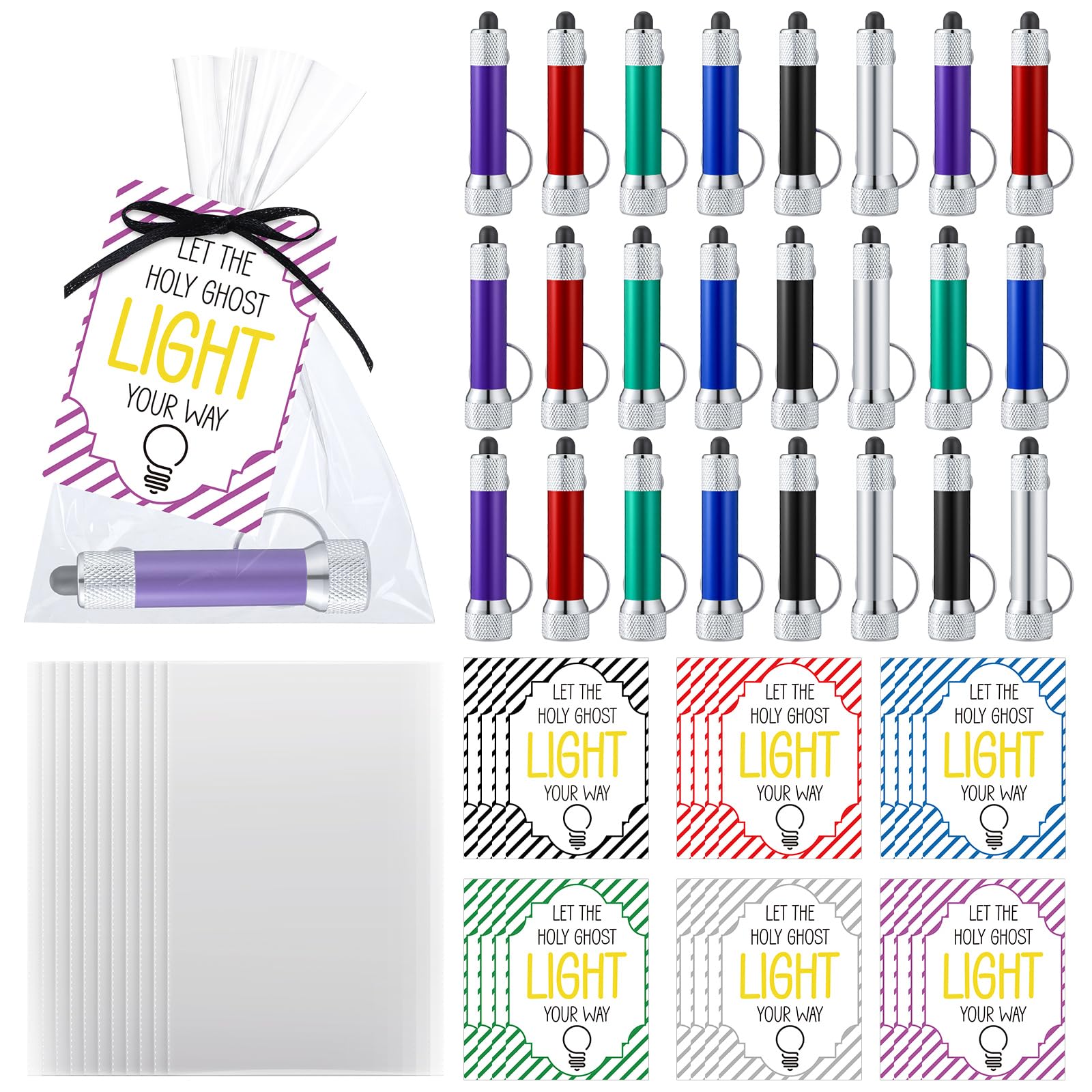 Tujoe 72pcs/24 Set Sunday School Prizes Let Holy Ghost Light Your Way Flashlights Set 24 LED Lights 24 Bible Verse Cards 24 Bags for Religious Christian Vbs Sunday School Church End of The Year Gifts