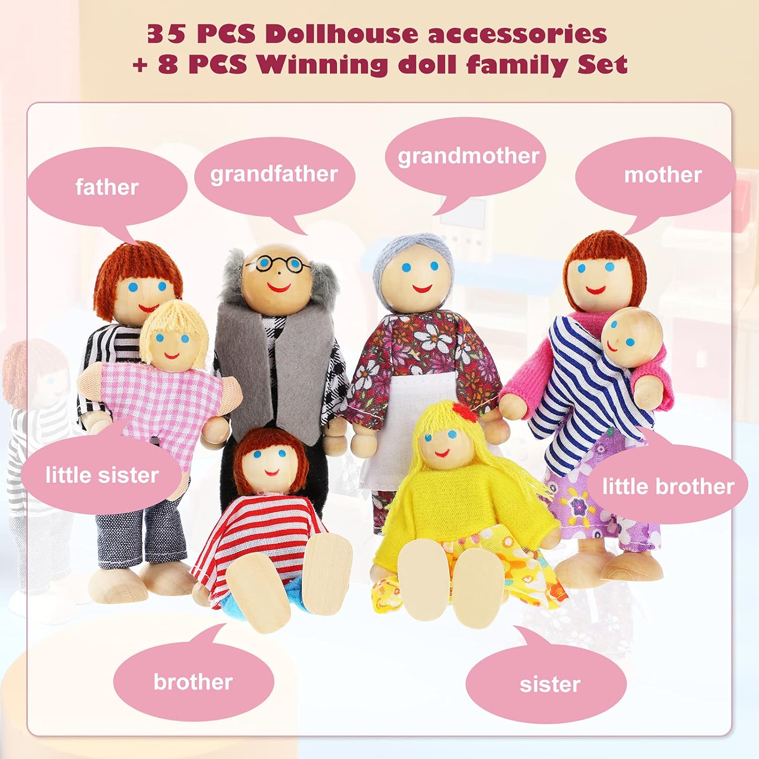 Sumind 35 Pcs Wooden Dollhouse Furniture with Family Figures Dolls for Diverse Imaginative Play Fits Most 1 12 Scale Miniature Dolls House with Kitchen Bedroom Bath Living Room Study Room