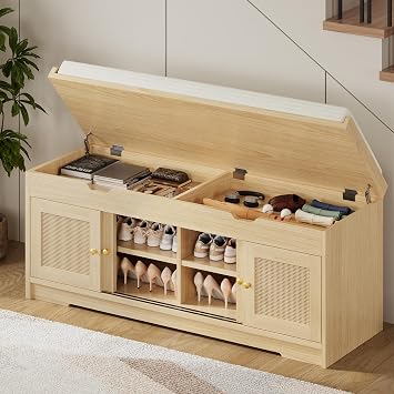 LIKIMIO 47.2" Shoe Bench with Lift Top Storage, Entryway Bench with Cushioned Seat, 2-Tier Rattan Shoe Cabinet with Adjustable Shelf, Storage Bench for Bedroom, Living Room, Hallway, Natural
