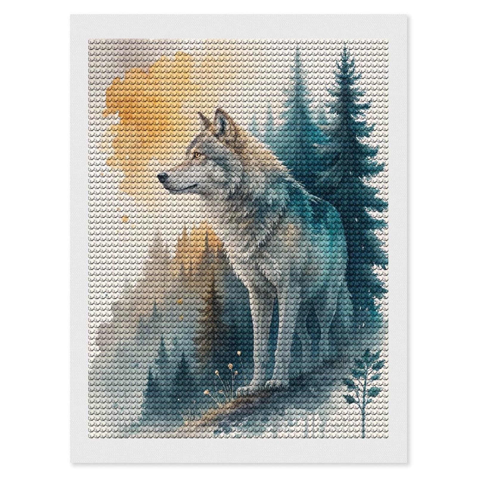 Junmoney Watercolor Wolf in Forest Landscape Diamond Art Canvas 12"x16", for Adults, Pleasing Wall Art Project, Modern Decor, Gift Idea, Nice Detail and Sparkle