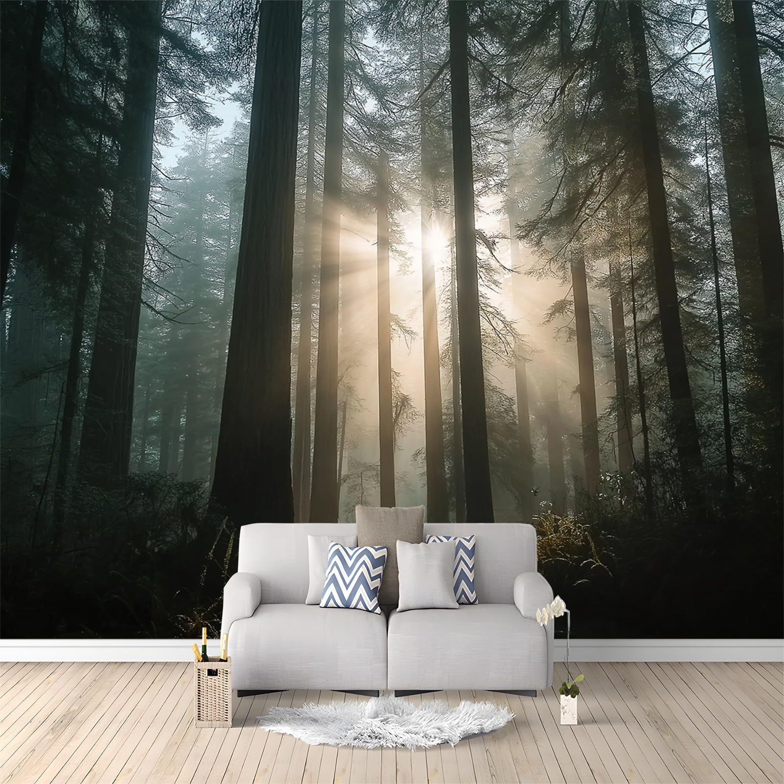 Tapeta ścienna dekoracja domu tajemniczy i zamglony las pod słońcem styl motyw czarno-złota tapeta ścienna do sypialni salon dom biuro 400 x 280 cm