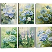 KAIRNE Botanical Wall Art Blue Flower Wall Decor Set of 6 8" x10'',Framed Floral Poster Set for Living Room Canvas Picture Green Flowers Artwork Rustic Elegant Wall Art for Bedroom Home Decor
