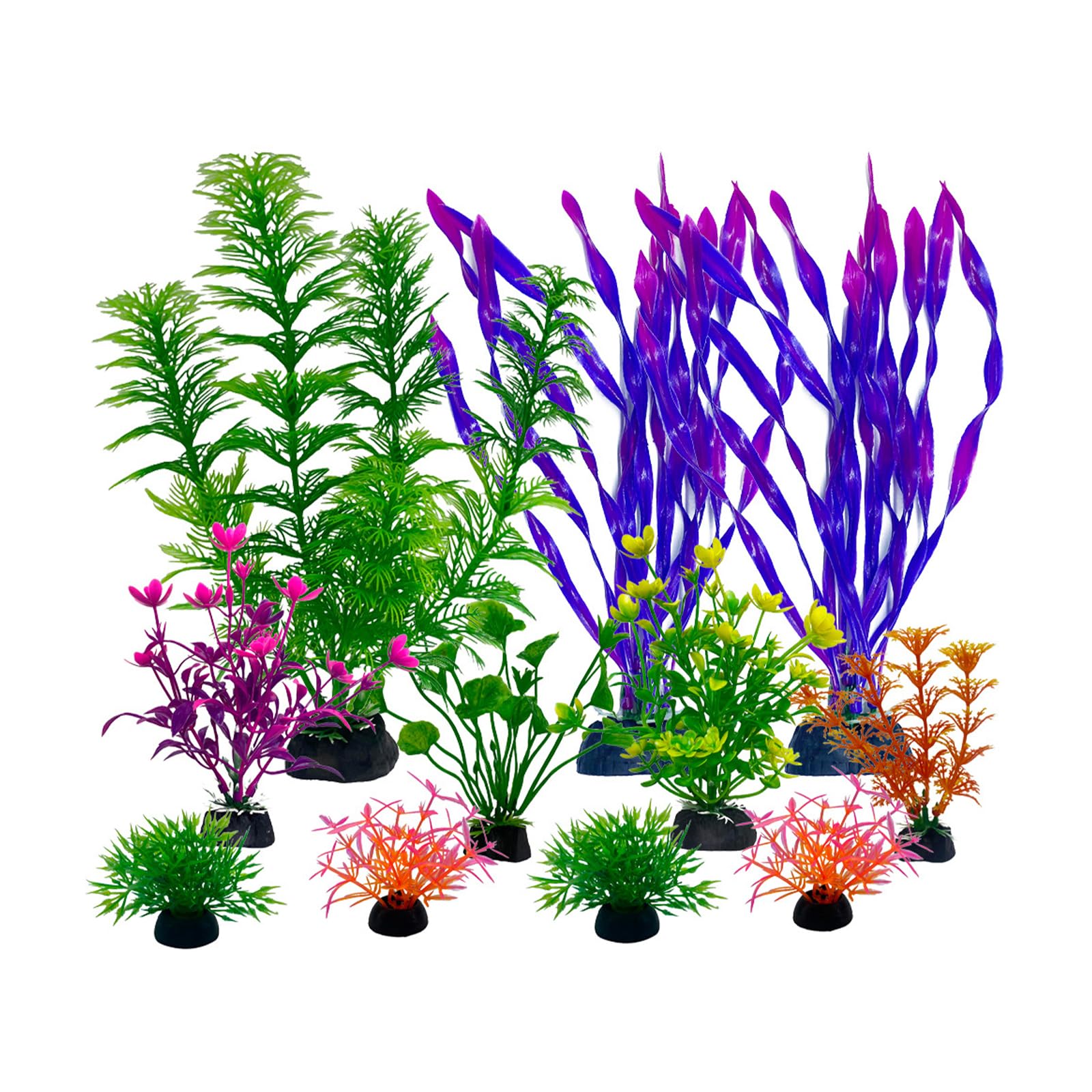 11 Pieces Colorful Artificial Fish Tank Decorations, Plastic Aquarium Plants Set, Multicolor Water Plants, Decorative Fish Tank Ornaments, Small to Large Purple Green Fish Tank Decor Accessories