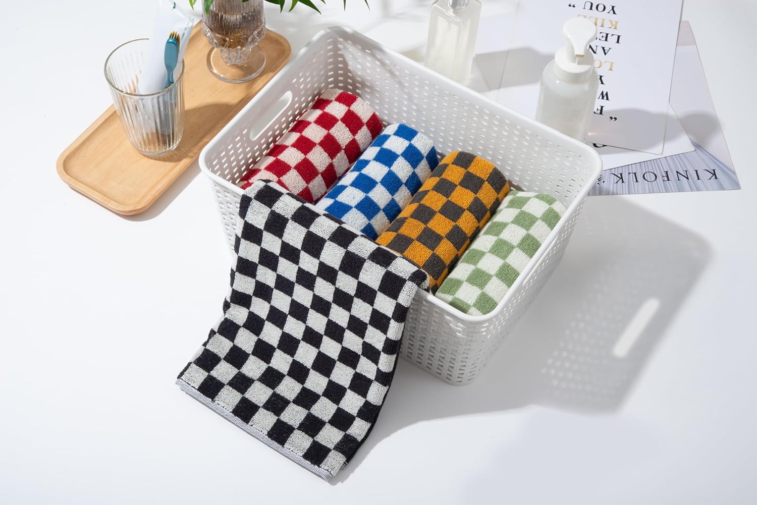 Madi-Cadi Hand Towels 5 Pack, Cotton Face Towels Soft, Absorbent, and Decorative Checkered Design for Bathroom, Kitchen, Gym, and Spa, 13 x 29 Inches, 5 Colors (5 Colors)
