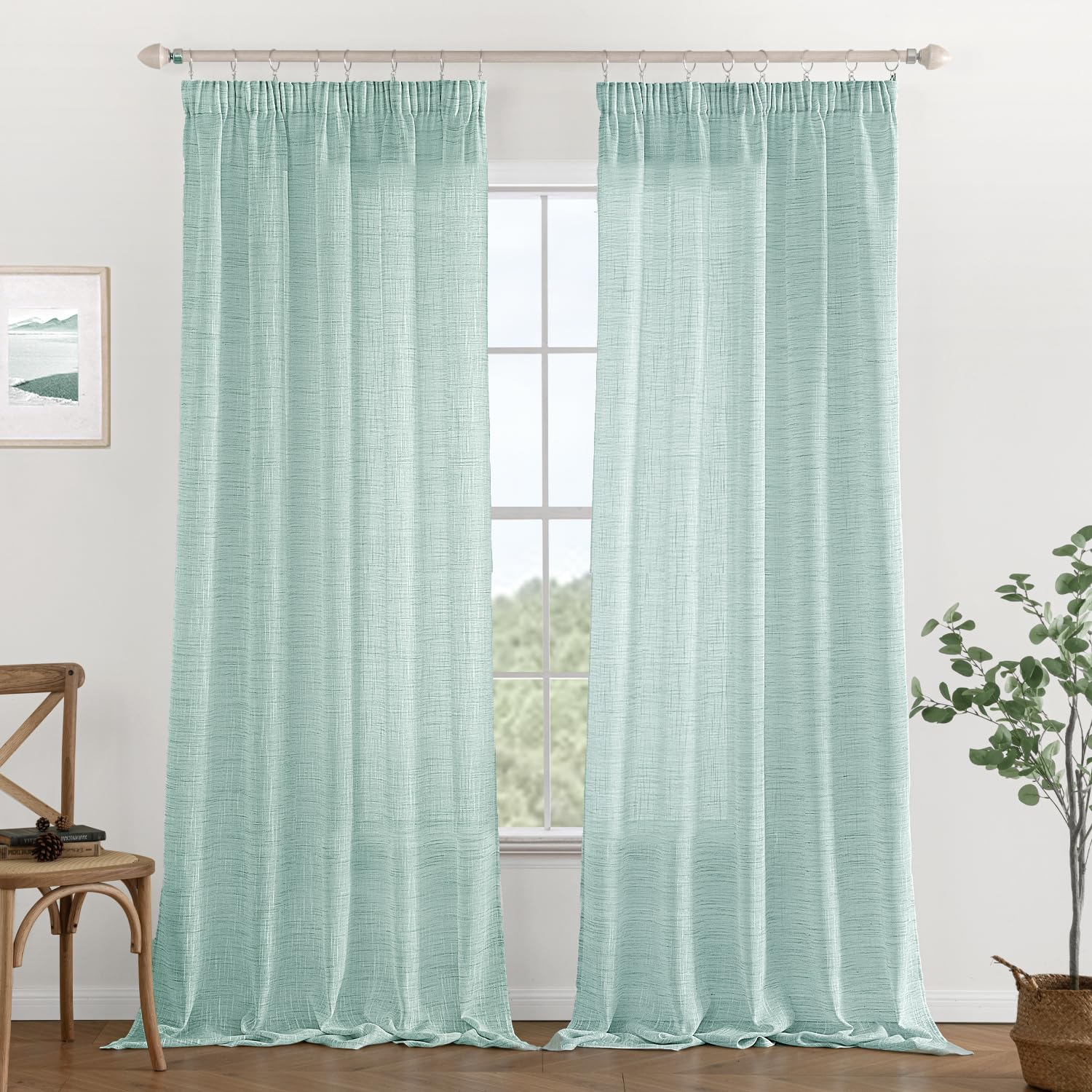 Tende In Lino E Poliestere MIULEE - 2 Pannelli 140x280 Cm, Traslucide, Con Nastro Arricciato, Bianco Riso - Foto 11