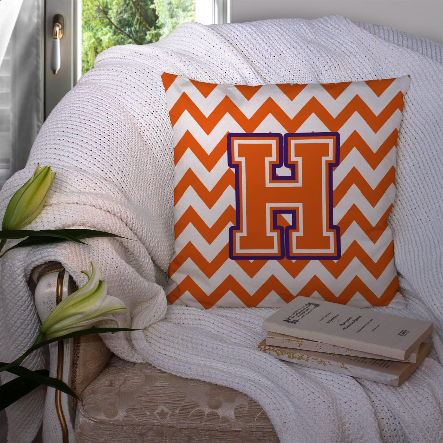 Caroline's Treasures CJ1062-HPW1414 Letter H Chevron Orange and Regalia Fabric Decorative Pillow 100% Machine Washable Pillow, Indoor or Outdoor Decorative Throw Pillow for Couch, Bed or Patio