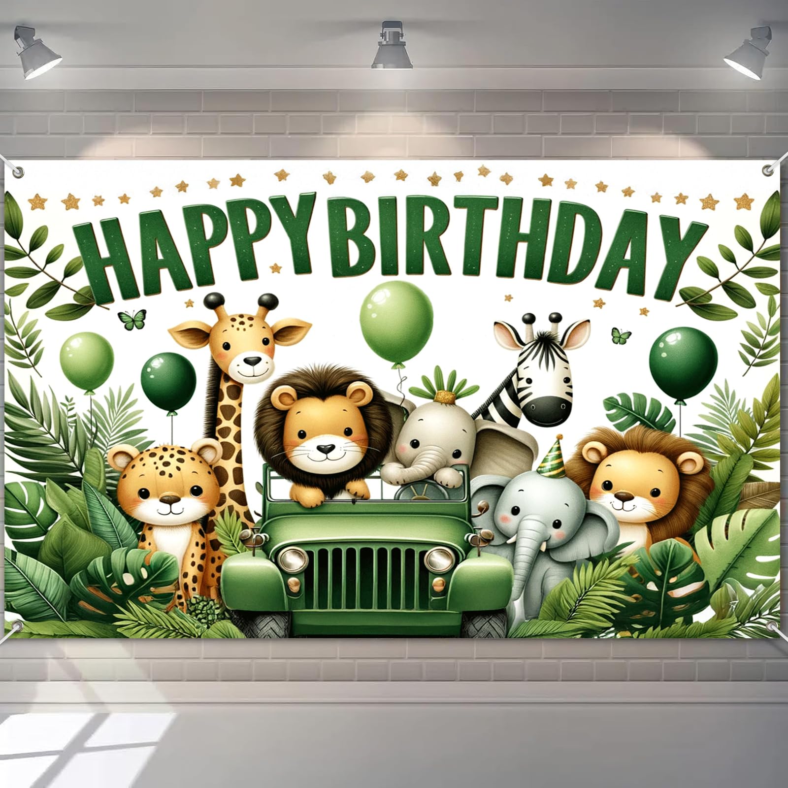 HOMETITUTE Jungle Animal Birthday Banner 96x72 Inch Happy Birthday Banner Cartoon Safari Adventure Party Backdrop for Kids Safari Theme Party