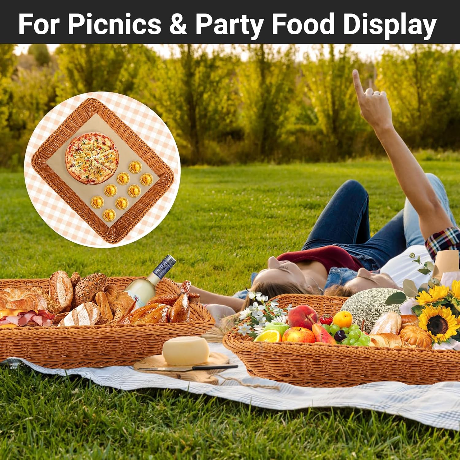 Wicker Bread Basket, Eusoar 15.8"x 11.8"x 3.0" 3pcs Tabletop Food Serving Baskets Trays, Bread Proofing Basket, Woven Tabletop Food Fruit Vegetables Serving Basket for Restaurant Bakery Family Party