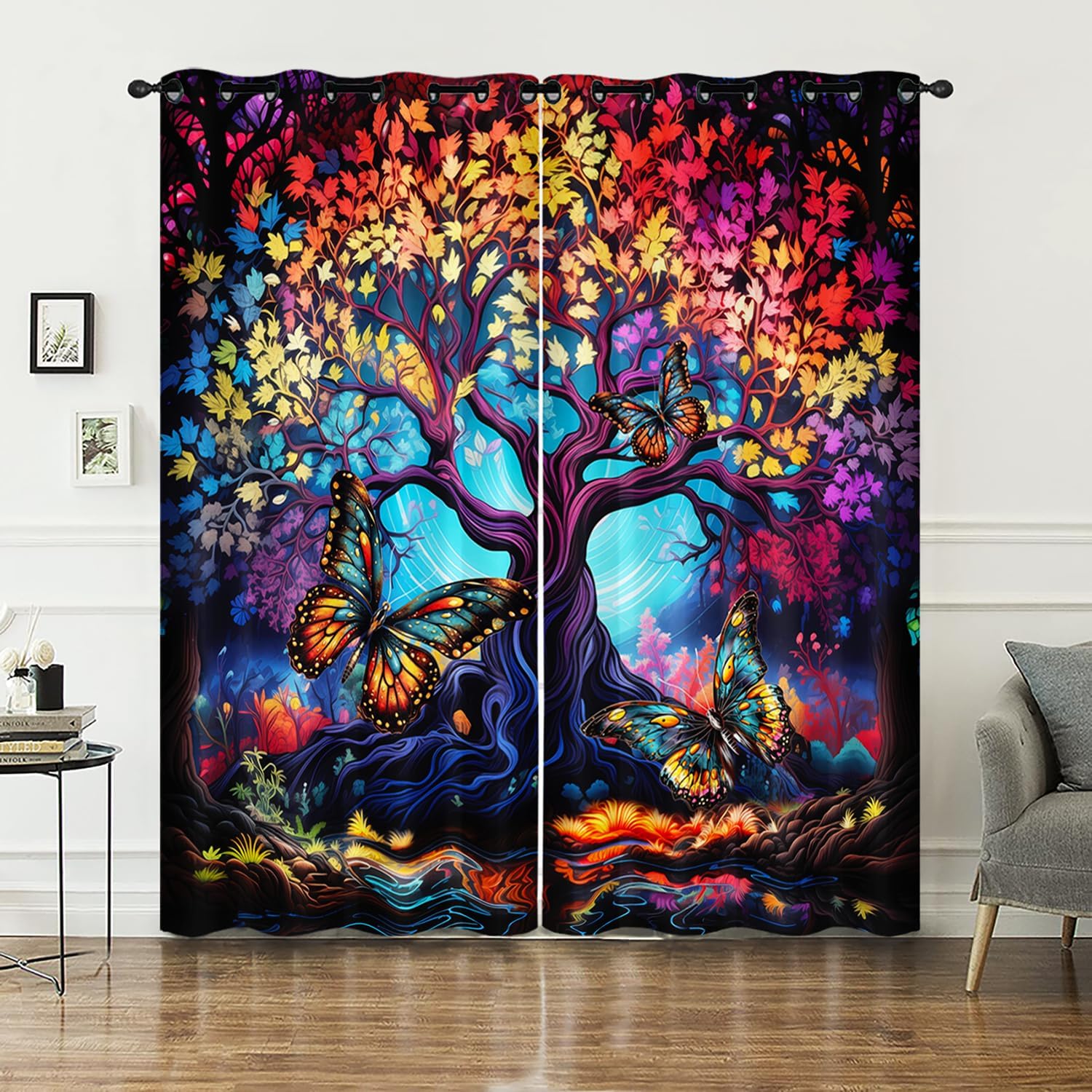 AILONEN Tree of Life Window Curtain, Colorful Butterfly Curtain Tiers for Kids Girls Boys,Bohemian Style Window Treatments Drapes for Bedroom/Living Room, 52" W x 84" H (2 Panels)