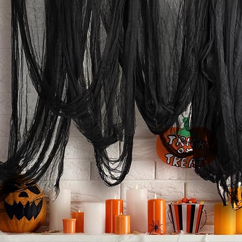 NEBURORA Tela de gasa espeluznante de Halloween de 85 x 394 pulgadas, tamaño grande, color negro, espeluznante, decoración de fiesta de Halloween