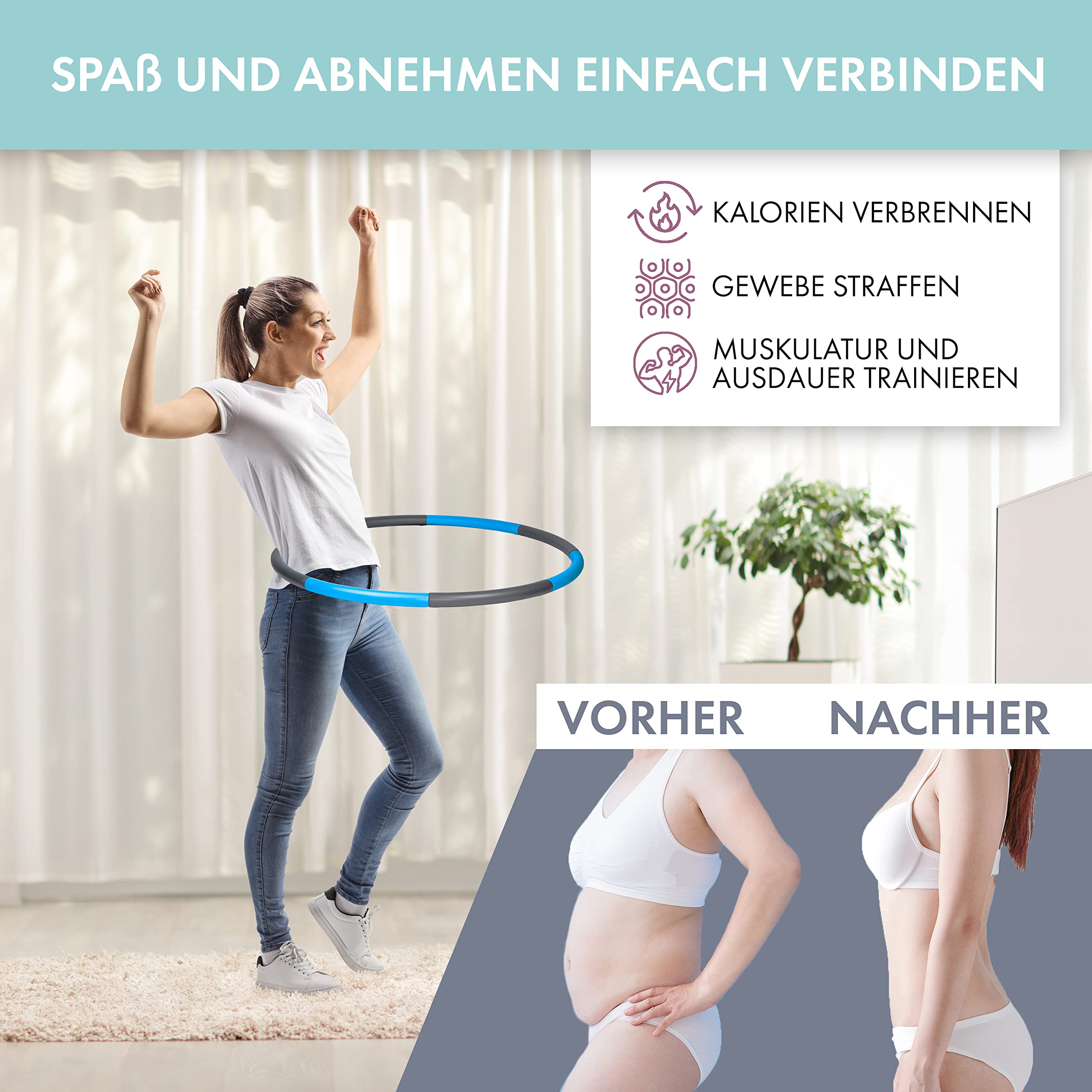 WELLRELAXX Hula Hoop Reifen Erwachsene Anfänger | 0,9kg | 90cm | Stabiler Hula Hoop ohne Wellen für Training mit Freude | Hulahoopreifen zum Abnehmen bestehend aus 8 Elementen mit Tragebeutel