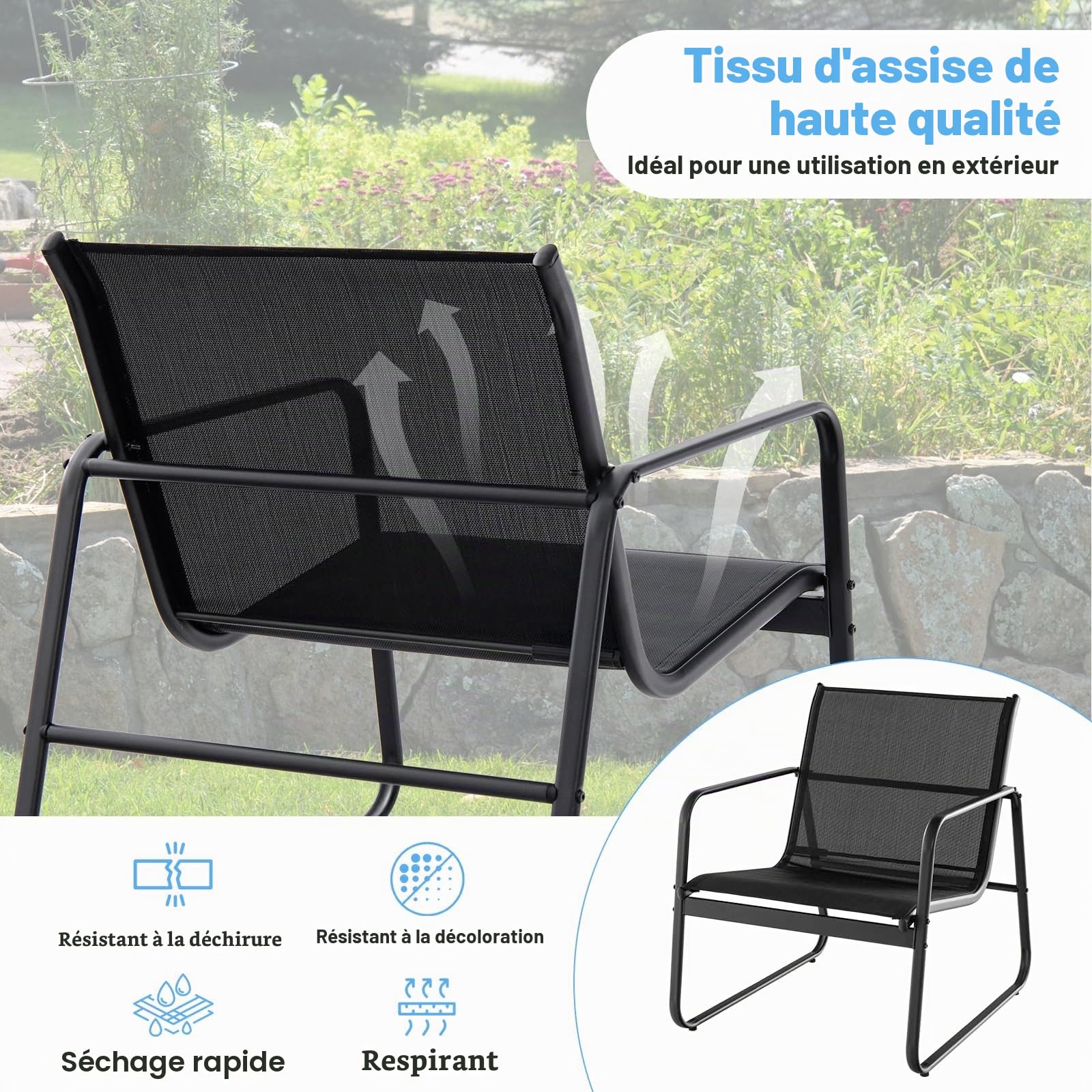 FANTASK Ensemble de Balcon 3 pièces en Tissu Respirant - Meubles de Jardin avec 2 chaises et Table pour terrasse et Balcon - Noir