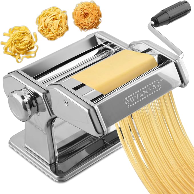 Pasta Maker Machine, Manual Hand Press, Adjustable Thickness Settings, Noodles Maker with Washable Aluminum Alloy Rollers and Cutter, Perfect for Spaghetti, Fettuccini, Lasagna