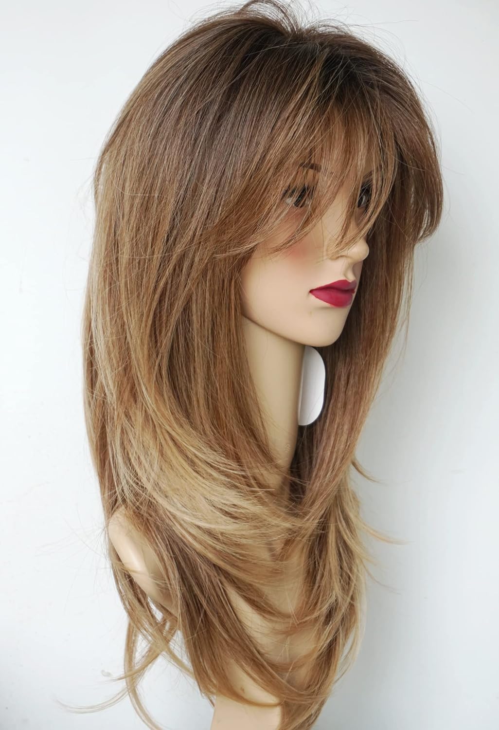 Long Layered Ombre Brown wig Synthetic Hair Fiber Highlight Multicolor brunettes Wigs for White Women (Ombre Brown) - Image 5