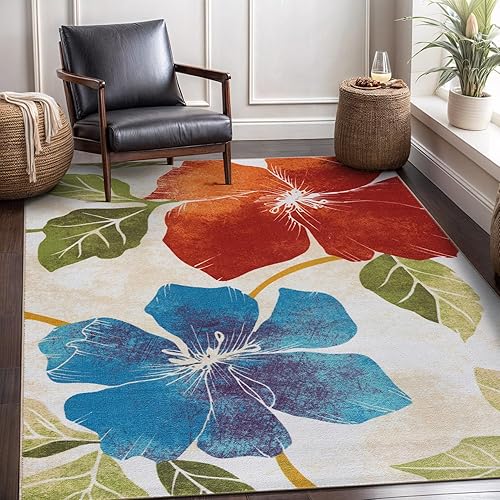 CAMILSON Solana Modern Floral 5x7 Area Rugs Non-Skid (Non-Slip) Rubber Backing Orange - Green Flowers Indoor Rug (5 x 7, Multicolor)