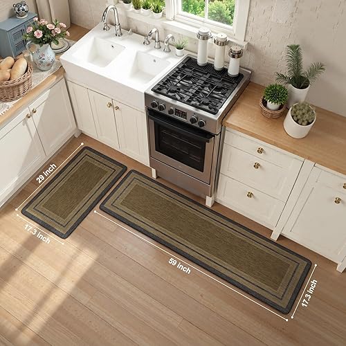 Vista 413 de KIMODE - Juego de 2 tapetes de cocina bohemios, antifatiga, antideslizantes, impermeables, ergonómicos, acolchados, cómodos, para lavandería, Caqui