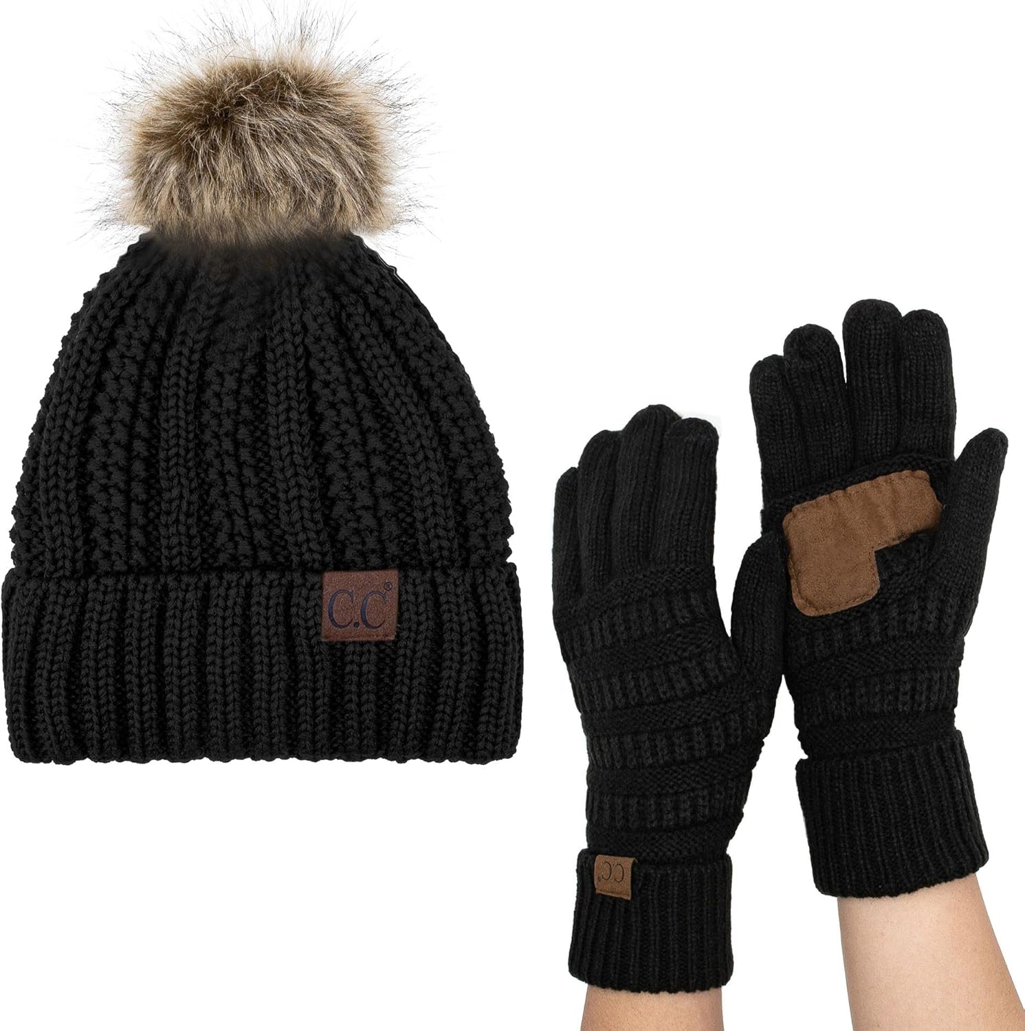 C.C Pom Cable Knit Beanie and Glove Set