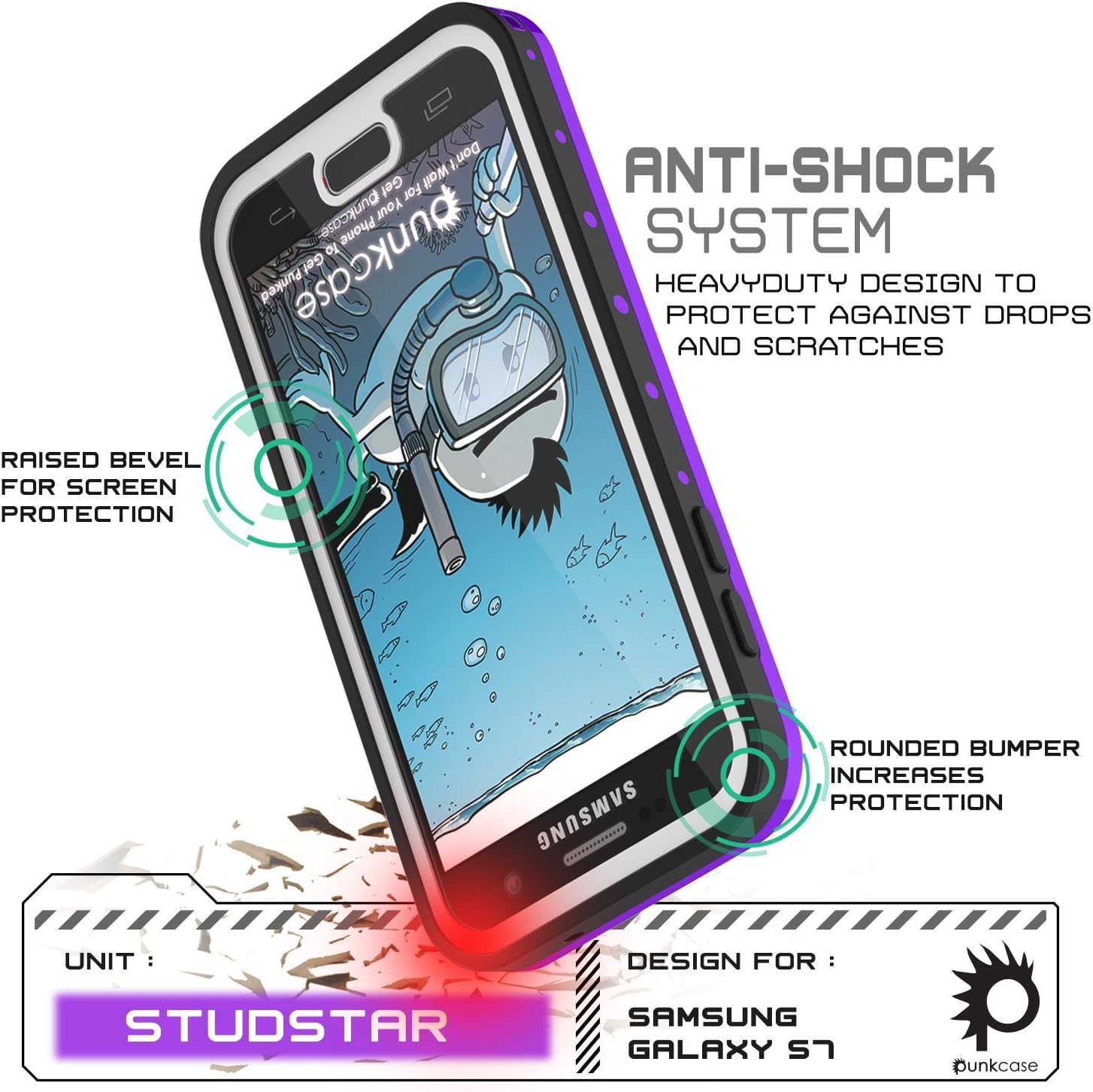 PunkCase S7 Waterproof Case [StudStar Series] [Slim Fit] [IP68 Certified] [Shockproof] [Dirtproof] [Snowproof] Armor Cover Compatible W/Samsung Galaxy S7 [Purple]