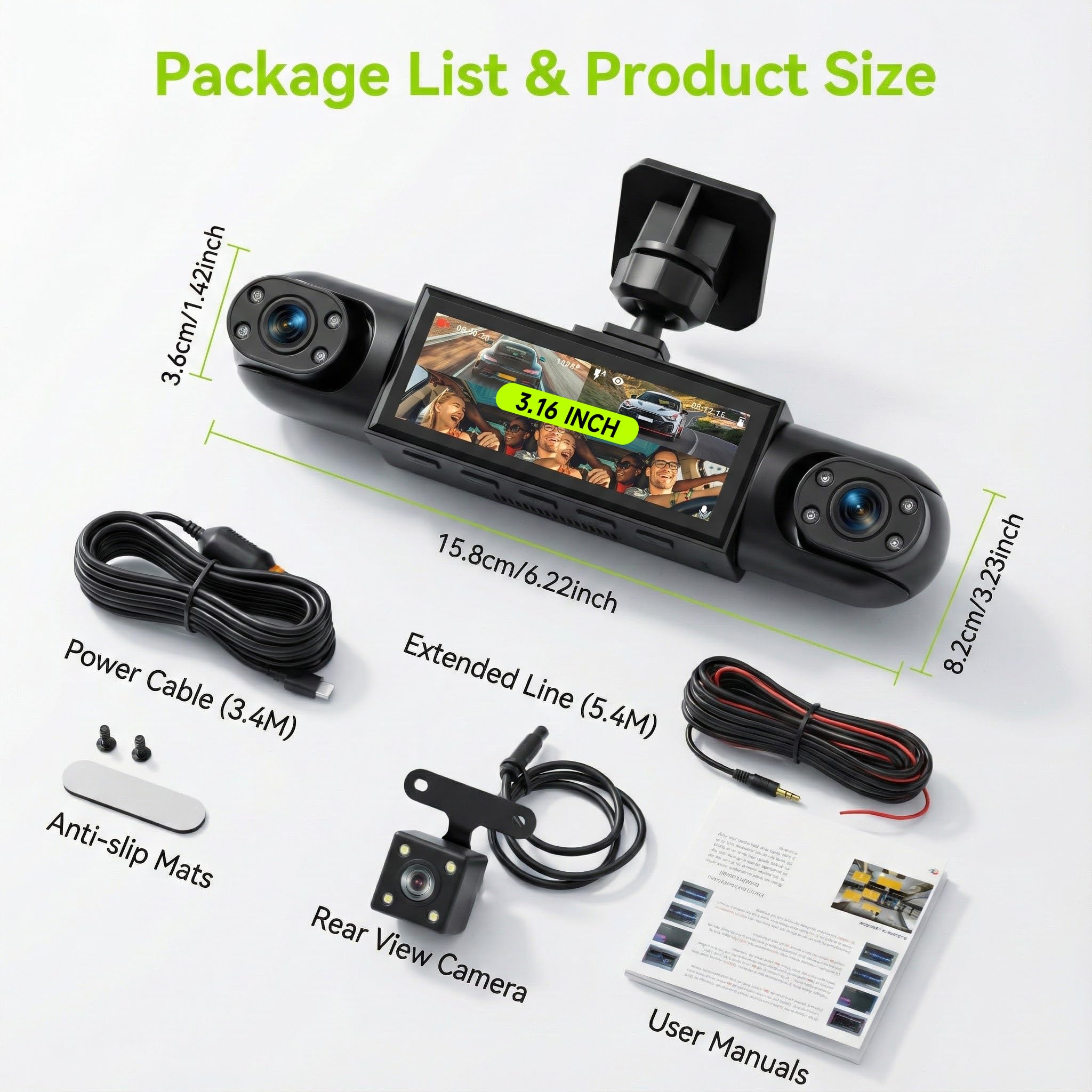 Rimoody 360° Dash Cam Auto 4 Canali, 4 Telecamera 1080P Anteriore e Posteriore Sinistra Destra, Visione Notturna, 3.16" Schermo, Registrazione Loop, Monitoraggio Parcheggio 24H, Assistenza Retromarcia