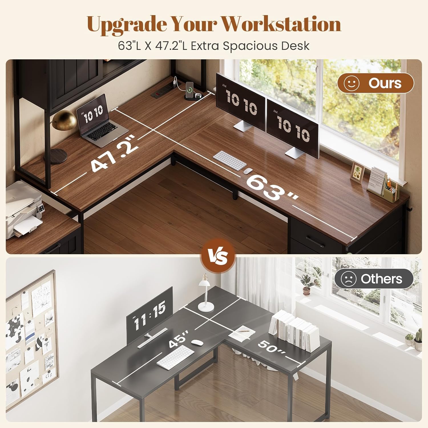 Top-down view of the spacious L-shaped desktop with dimensions indicated