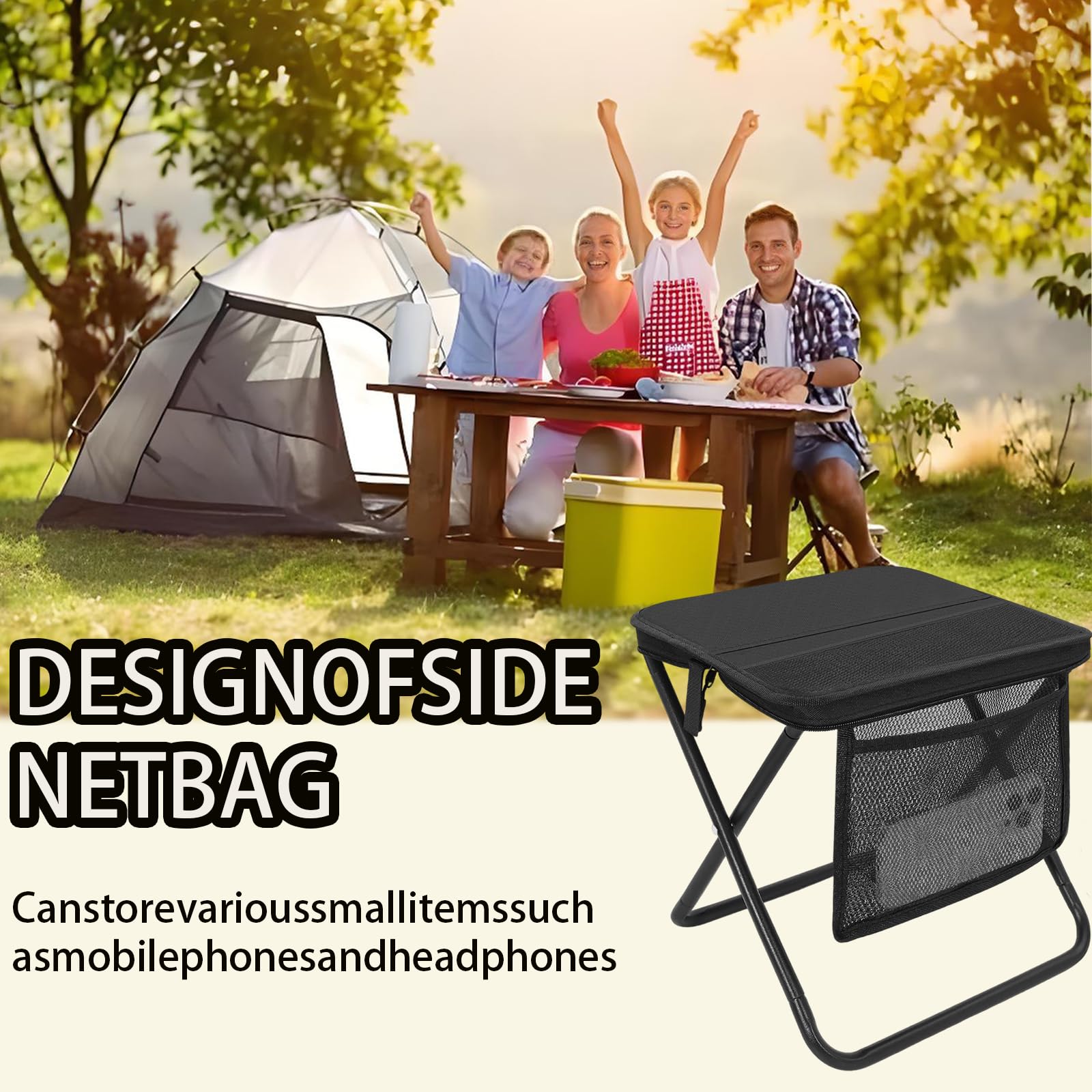 HUIZHOU Sgabello Pieghevole Portatile da Campeggio, Sedia Esterna Compatta e Leggera con Borsa e Cerniera, Robusta e Stabile, Ideale per Pesca, Escursionismo, Viaggi e Attività Outdoor (Nero)