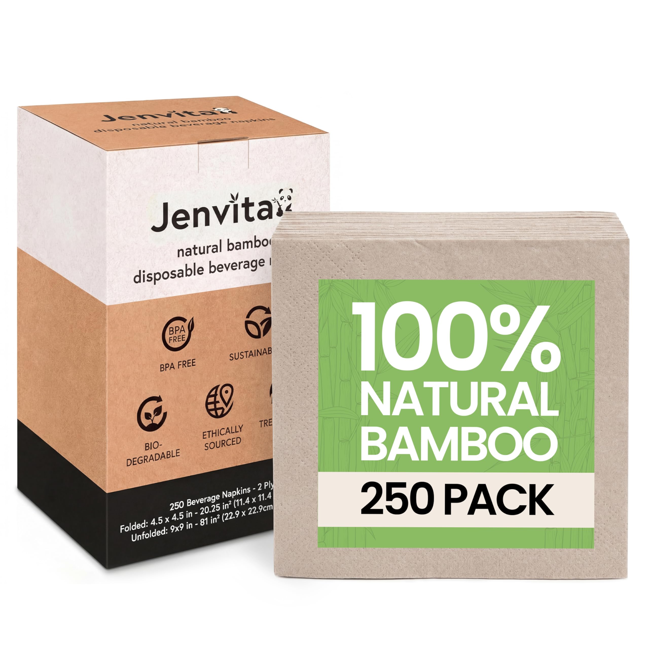 Ibambo 250 Pack Bamboo Cocktail Napkins - 2-Ply Ecofriendly Beverage Napkins - Bar Napkins for Home, Parties - 4.5x4.5 Inch Folded Drink Napkins - Disposable Napkins for Serving Drinks, Small Food