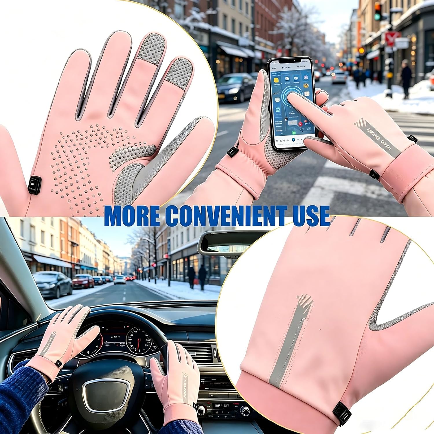 Women's Winter Gloves, Thermal Cold Weather Gloves with Touchscreen Function, Anti-Slip Leather Palm for Cycling, Hiking, Skiing, and Outdoor Sports, Pink & Grey